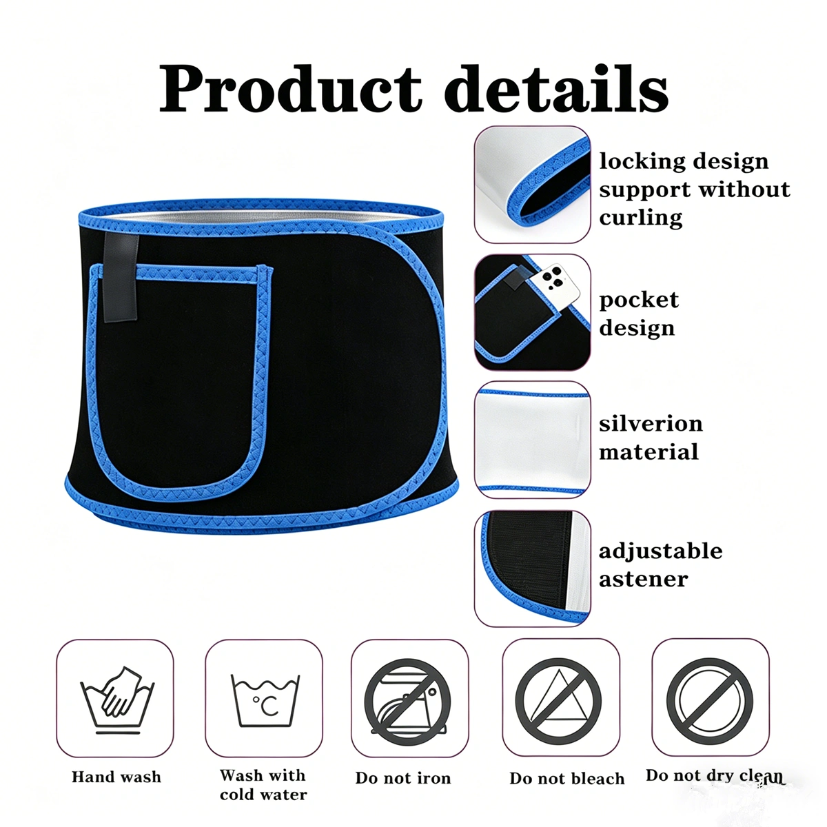 Waist Trimmer Belt Body Shaper Weight Loss Girdle Waist Trainer with Phone Pocket, Blue Black Silver, Adjustable Fitness Corset for Women view 3