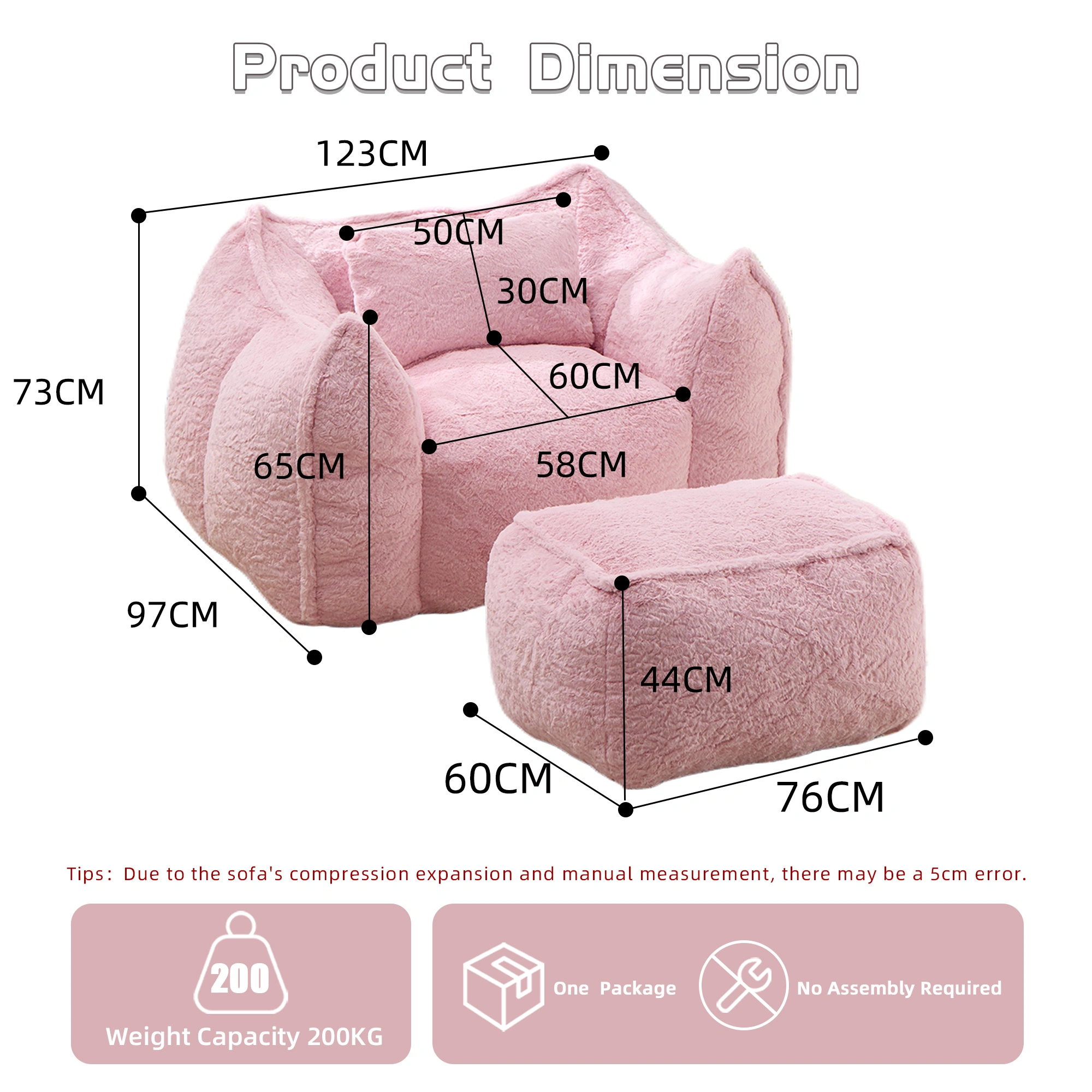 Giant Bean Bag Chair for Adults &Kids Faux Fur Bean Bag Sofa Chairs with Pillow &Ottoman, Comfy Reading & Gaming Beanbag Couch for Bedroom Living Room, Pink view 3