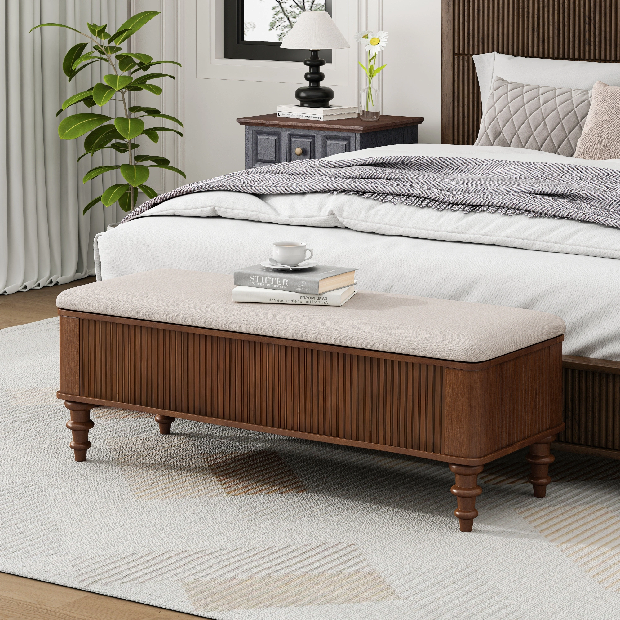 50.8-inch Multi-Functional Storage Ottoman Bench-Solid Rubberwood Bed End Bench with Linen Seat, Storage Bench for Bedroom, Entryway Shoe Organizer for Bedroom, Living Room, Entryway, Closet, Walnut view 13