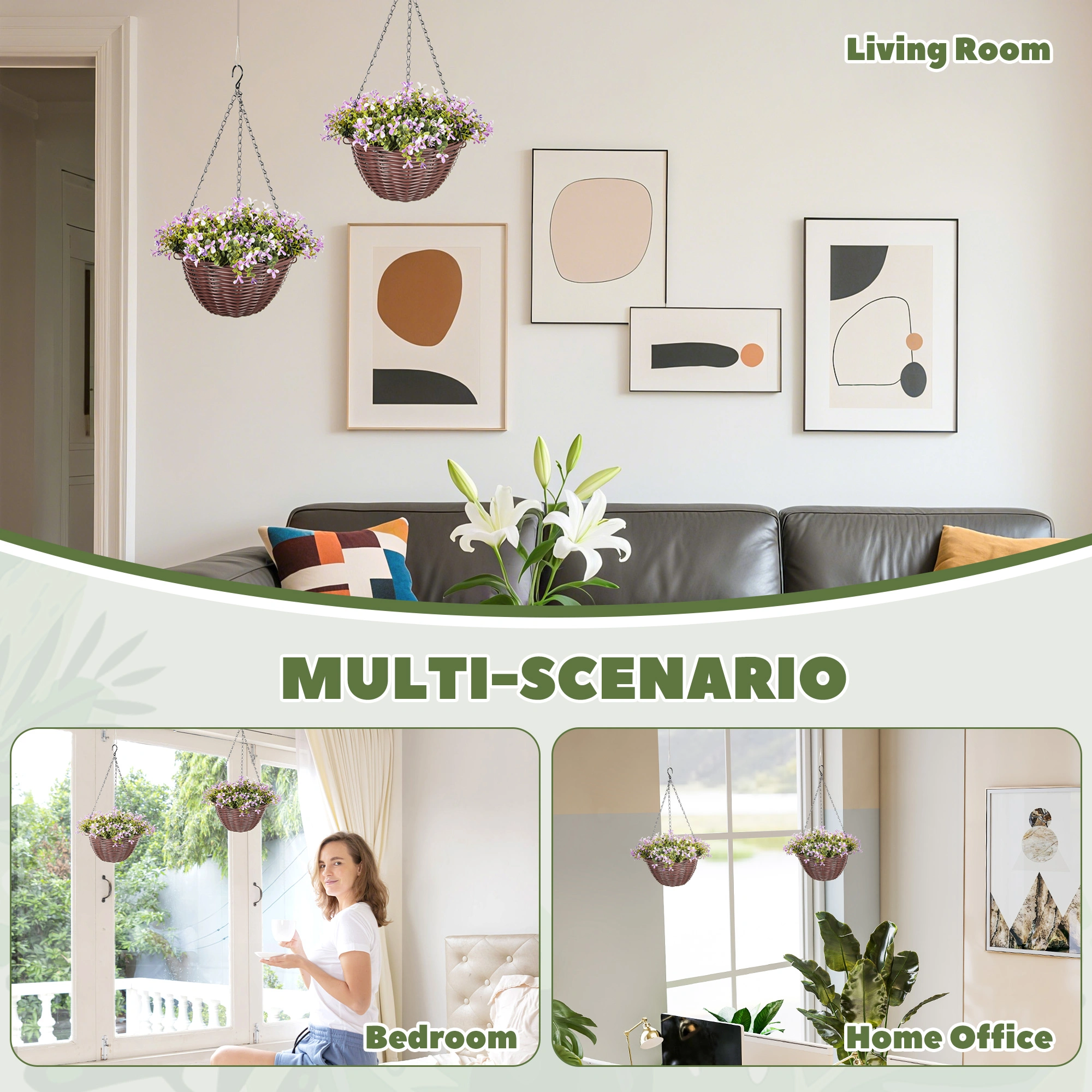 Artificial Hanging Basket with Faux Flowers, Decorative Plant Hanger for Indoor Outdoor Home Garden Wall Décor view 5