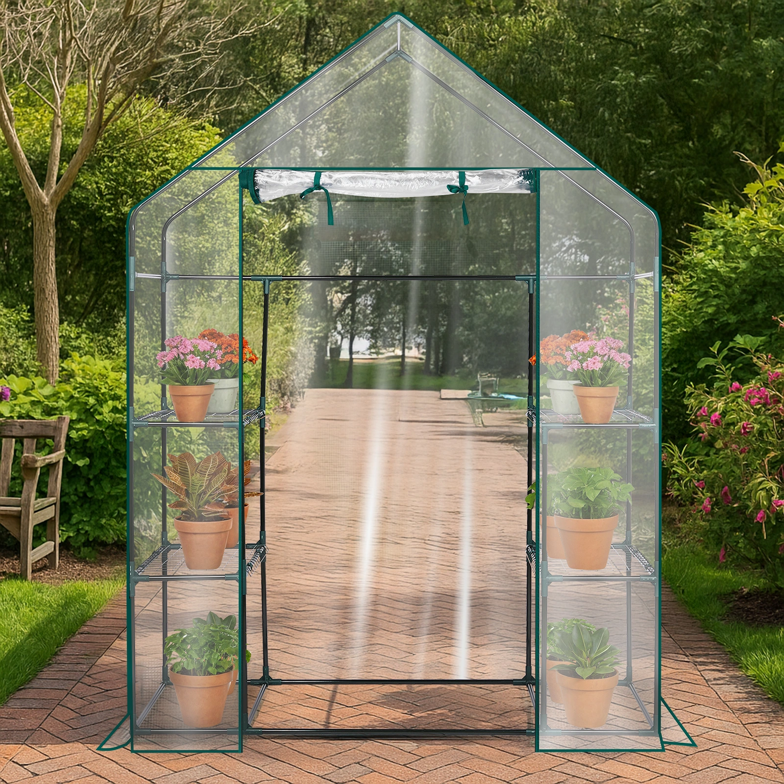 Mini Walk-in Greenhouse with PVC Cover, 4-Shelf Indoor Outdoor Plant Gardening Green House for Garden Backyard, 56" x 29" x 77", Transparent view 12