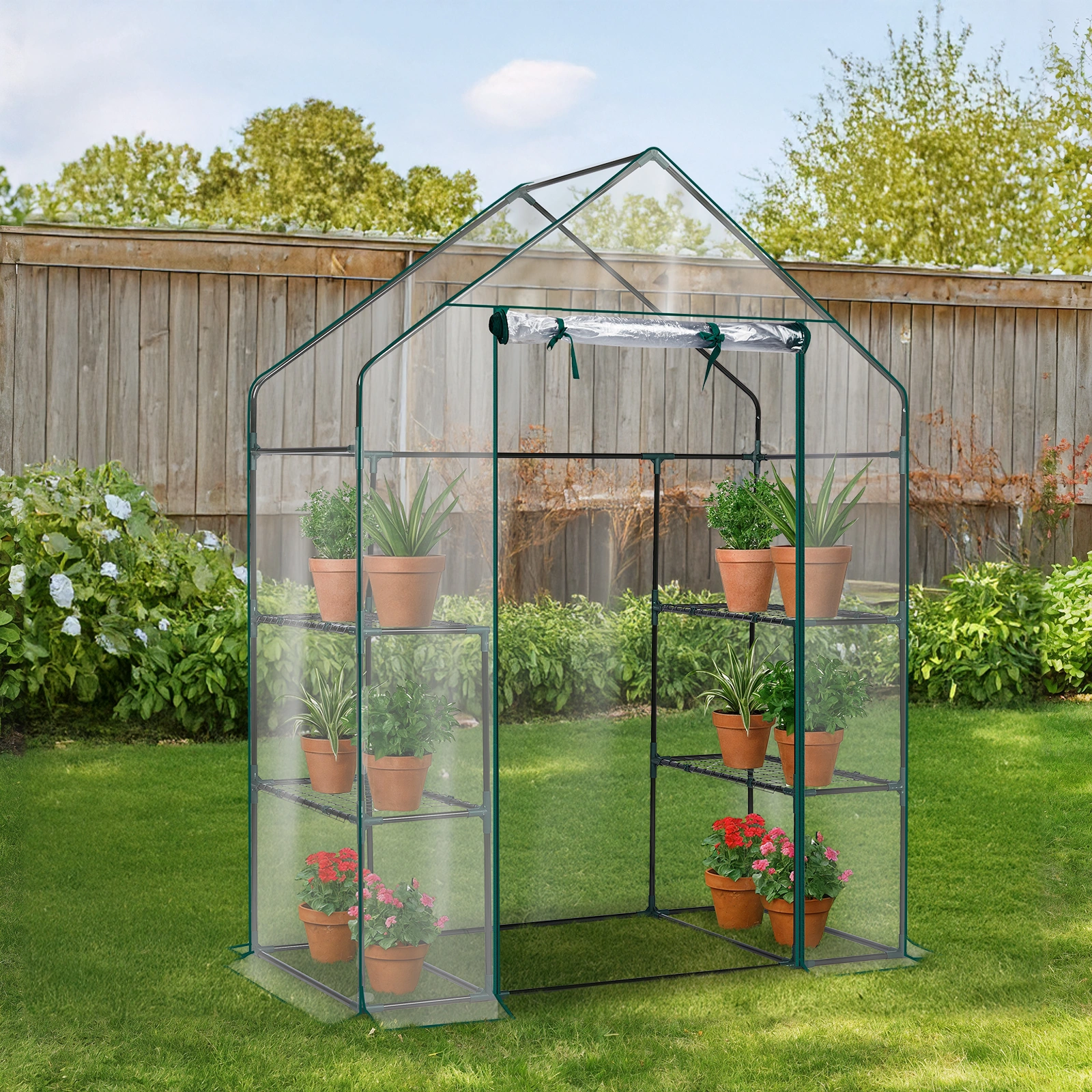 Mini Walk-in Greenhouse with PVC Cover, 4-Shelf Indoor Outdoor Plant Gardening Green House for Garden Backyard, 56" x 29" x 77", Transparent view 13