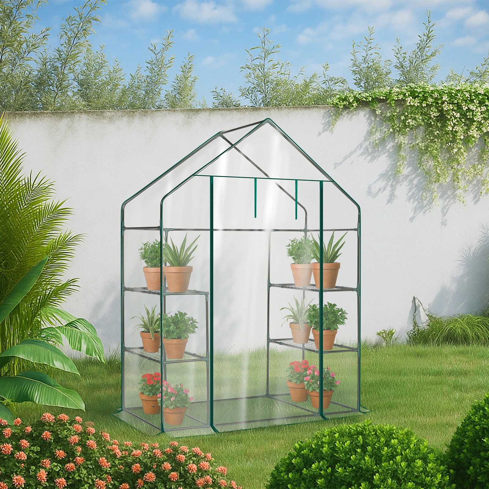 Mini Walk-in Greenhouse with PVC Cover, 4-Shelf Indoor Outdoor Plant Gardening Green House for Garden Backyard, 56" x 29" x 77", Transparent view 14