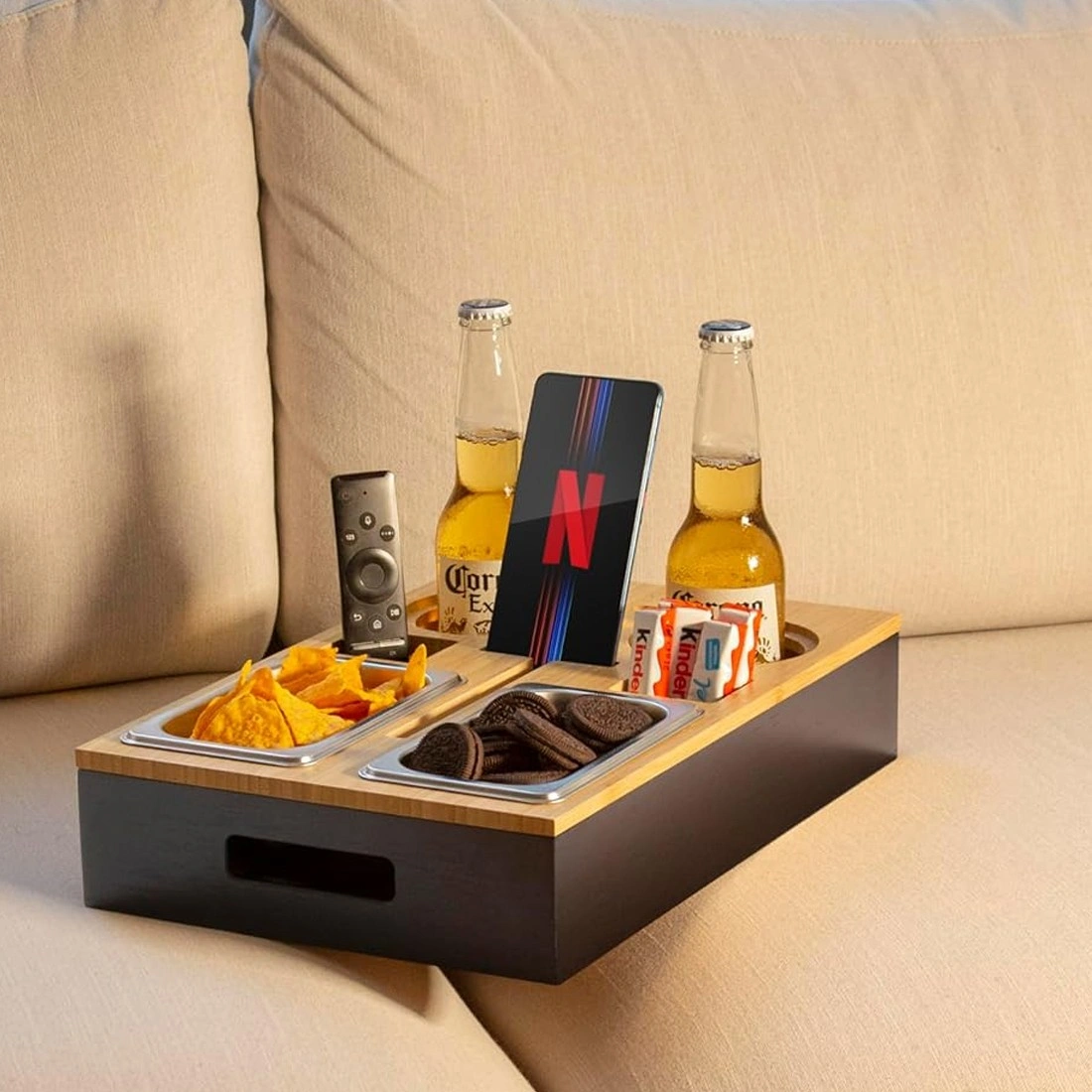 Bamboo Sofa Bar Snack Tray Tabletop with Magnetic Lid Stainless Steel Bowls & Coasters for Couch Living Room view 2