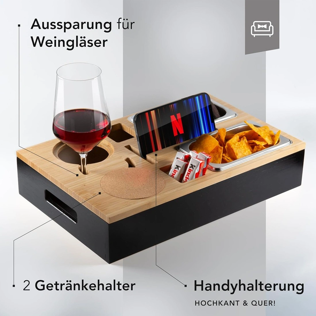 Bamboo Sofa Bar Snack Tray Tabletop with Magnetic Lid Stainless Steel Bowls & Coasters for Couch Living Room view 5