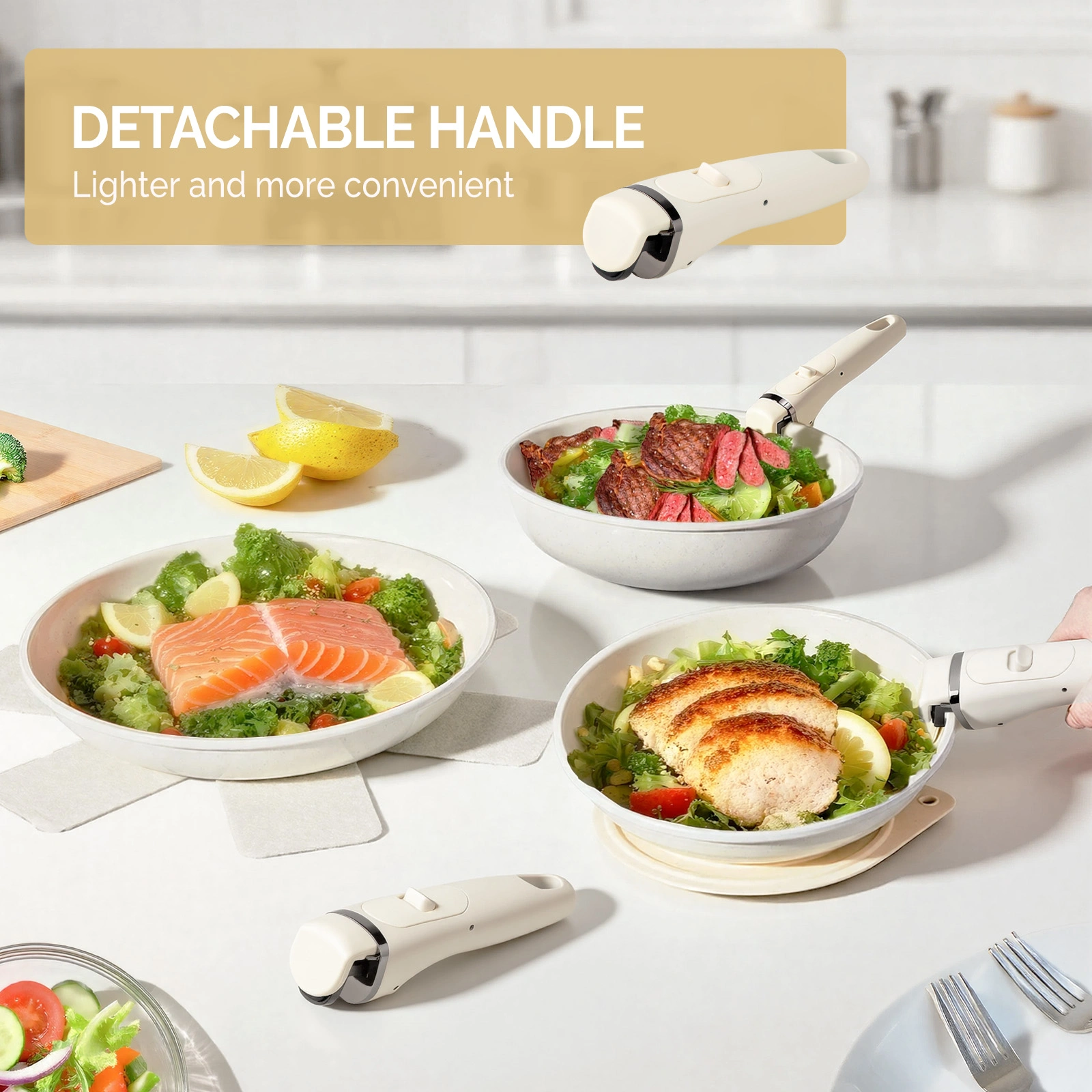 22-Piece Non-Stick Cookware Set, 6 Pots & 3 Lids, Removable Handles, Oven & Dishwasher Safe, Includes 28cm Soup Pot, Cream White Aluminum view 10