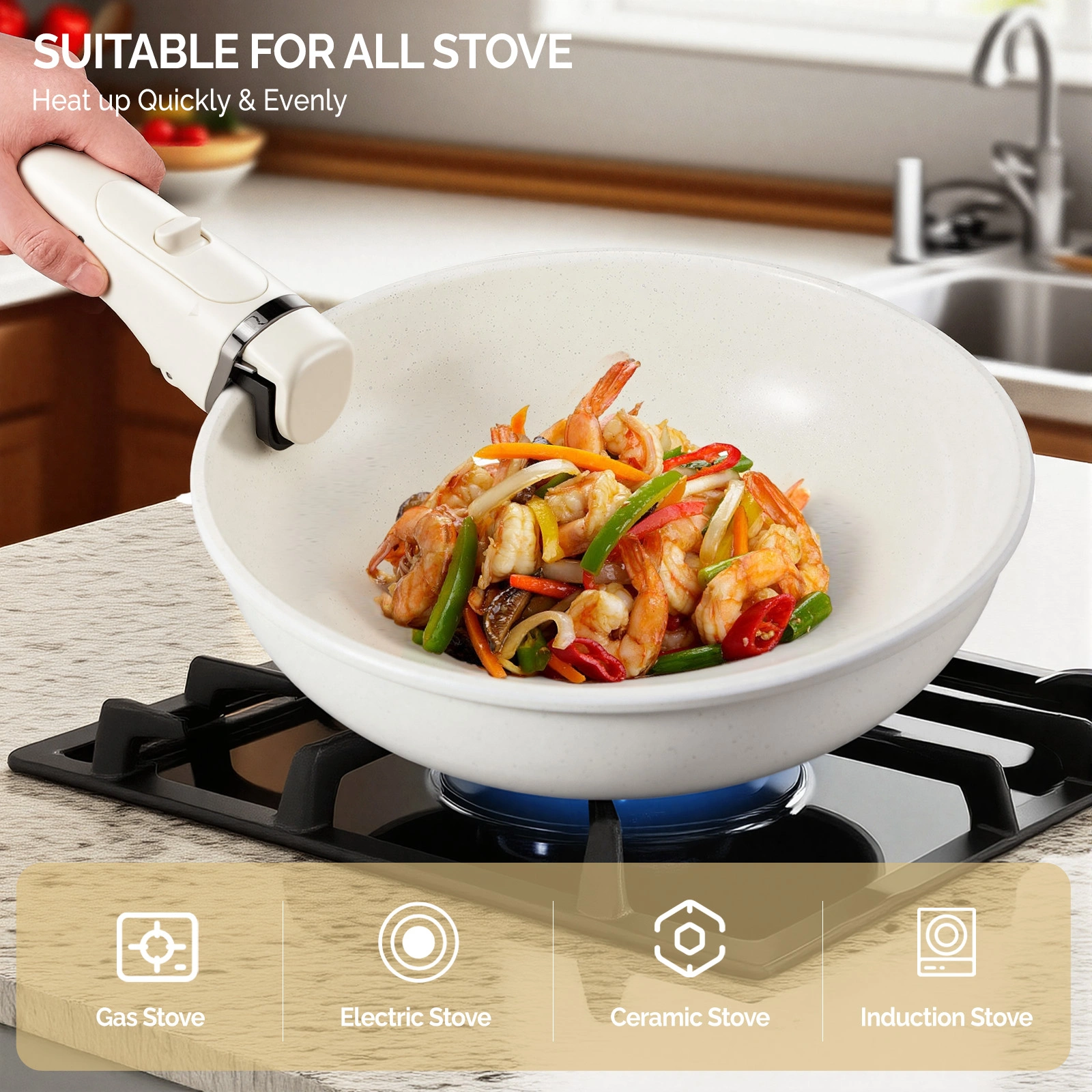 22-Piece Non-Stick Cookware Set, 6 Pots & 3 Lids, Removable Handles, Oven & Dishwasher Safe, Includes 28cm Soup Pot, Cream White Aluminum view 13