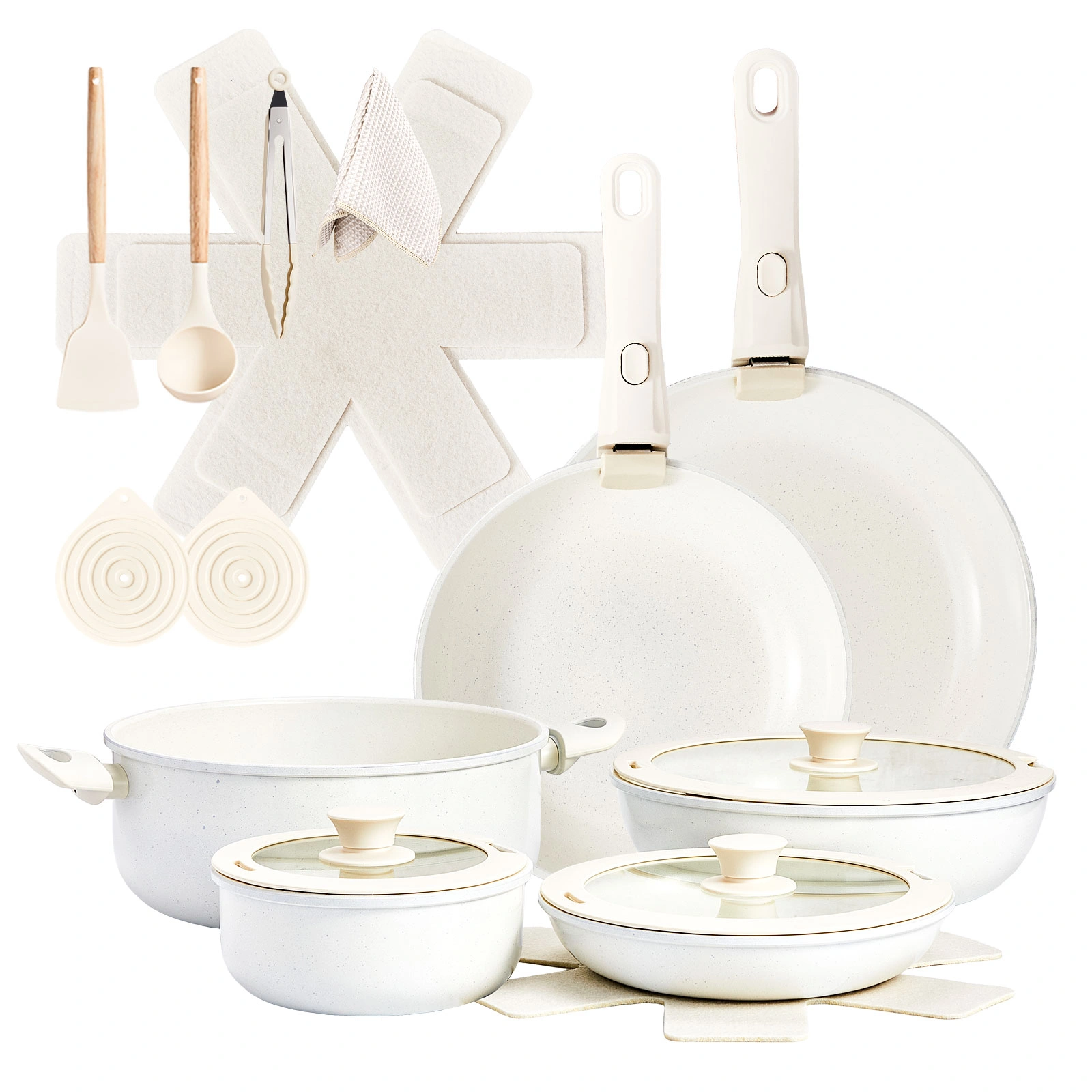 22-Piece Non-Stick Cookware Set, 6 Pots & 3 Lids, Removable Handles, Oven & Dishwasher Safe, Includes 28cm Soup Pot, Cream White Aluminum view 2