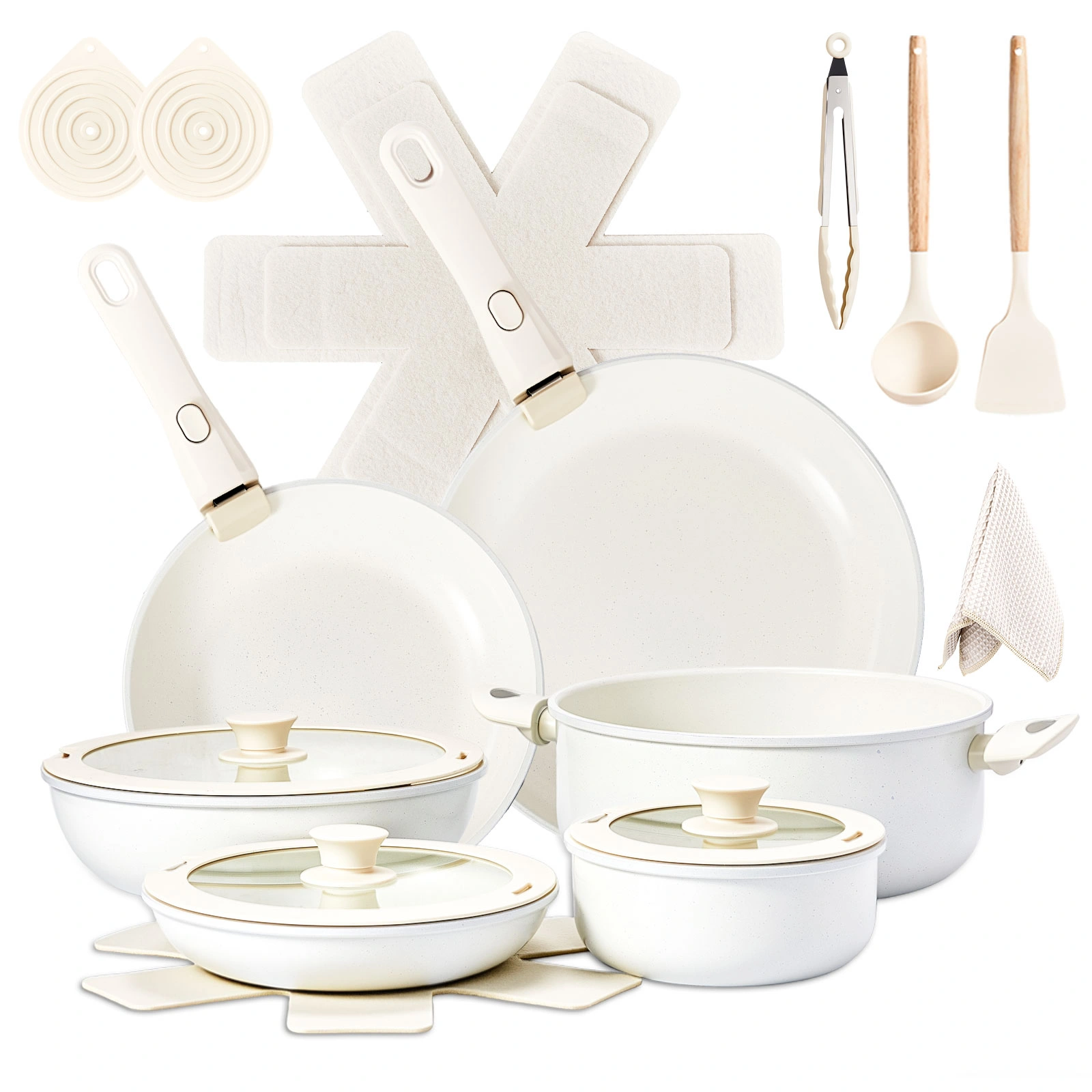 22-Piece Non-Stick Cookware Set, 6 Pots & 3 Lids, Removable Handles, Oven & Dishwasher Safe, Includes 28cm Soup Pot, Cream White Aluminum view 4