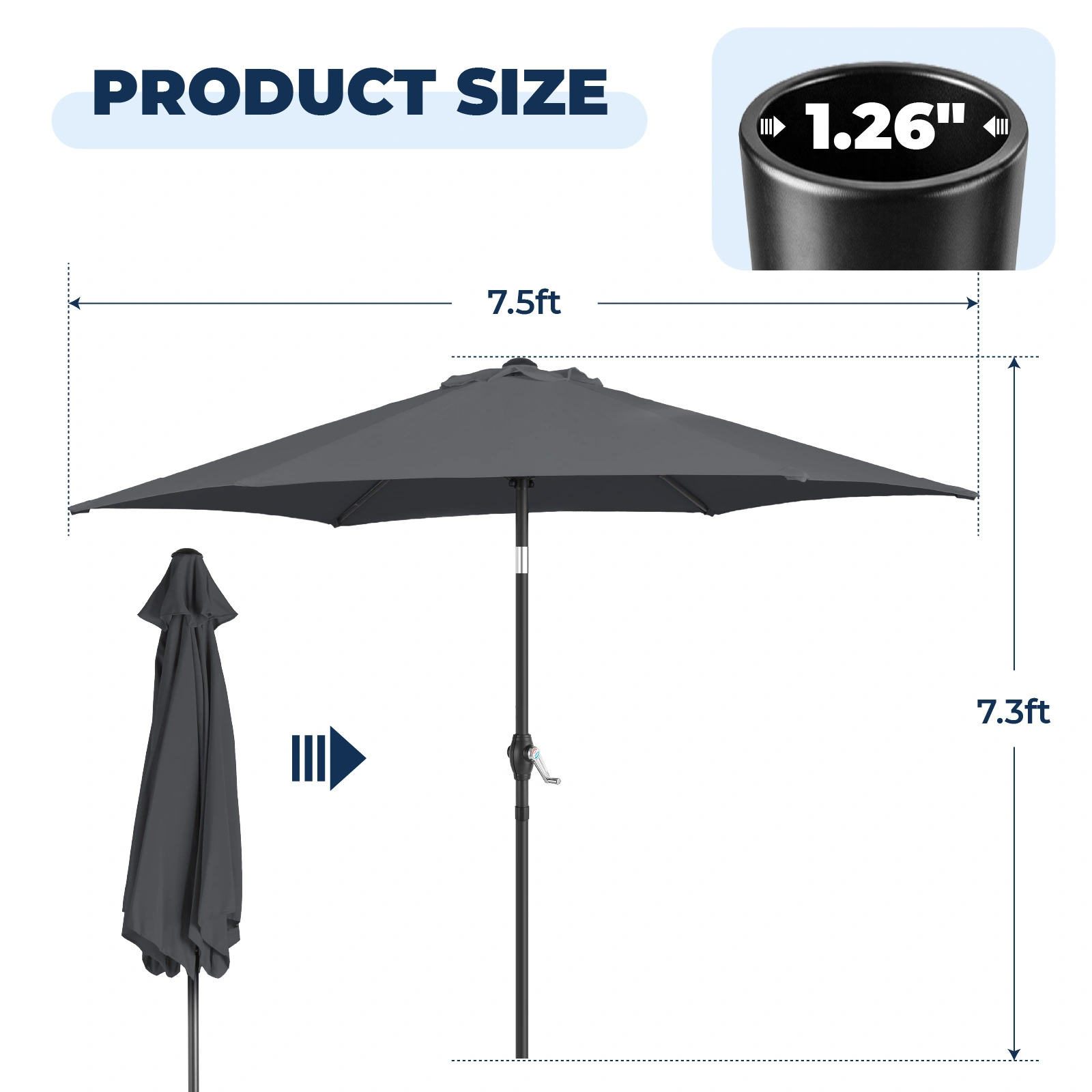 7.5FT Round Outdoor Patio Umbrella with Tilt Adjustment, Crank Lift System, 6 Iron Ribs & Iron Pole, Waterproof UV Protected Polyester Canopy, Gray view 14