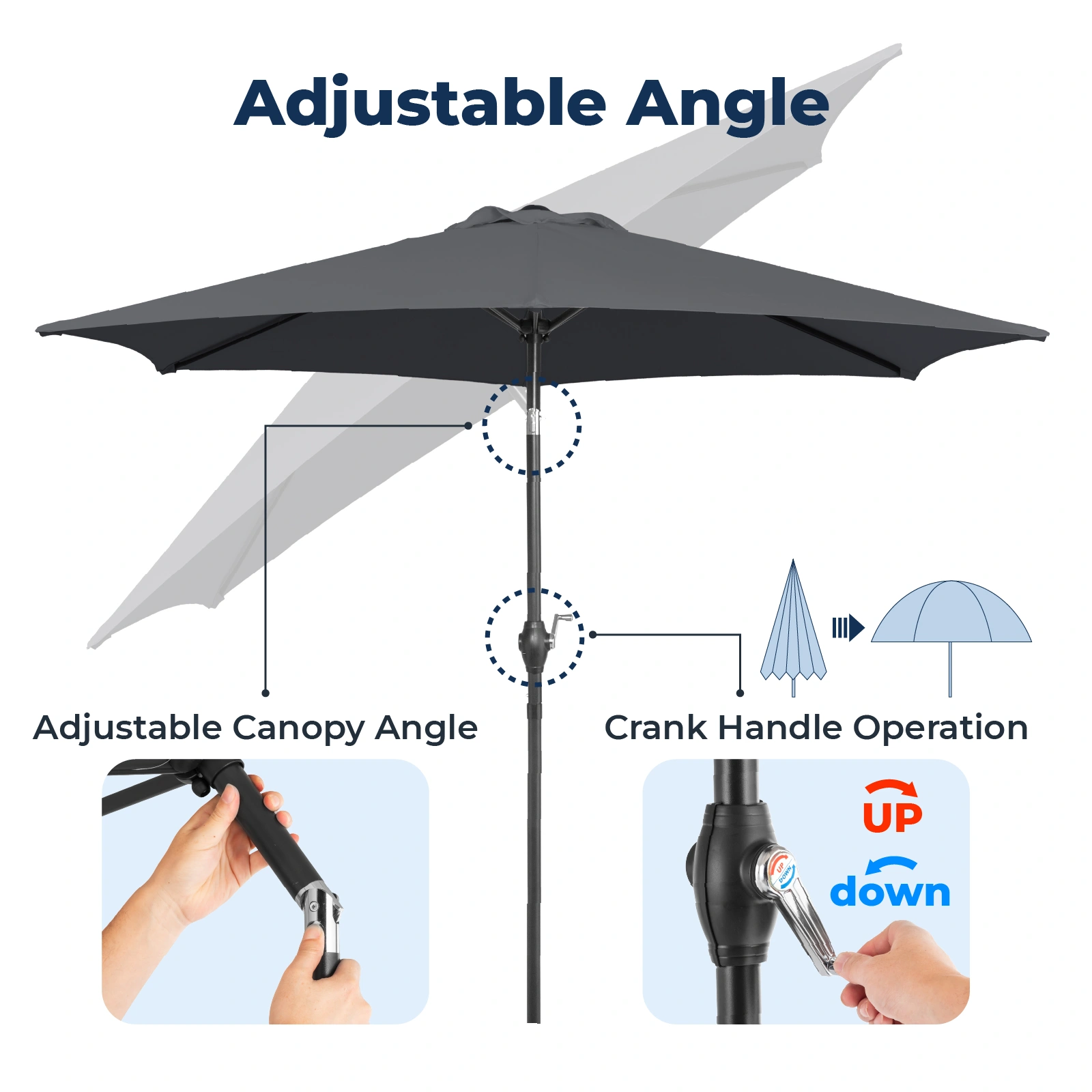 7.5FT Round Outdoor Patio Umbrella with Tilt Adjustment, Crank Lift System, 6 Iron Ribs & Iron Pole, Waterproof UV Protected Polyester Canopy, Gray view 15