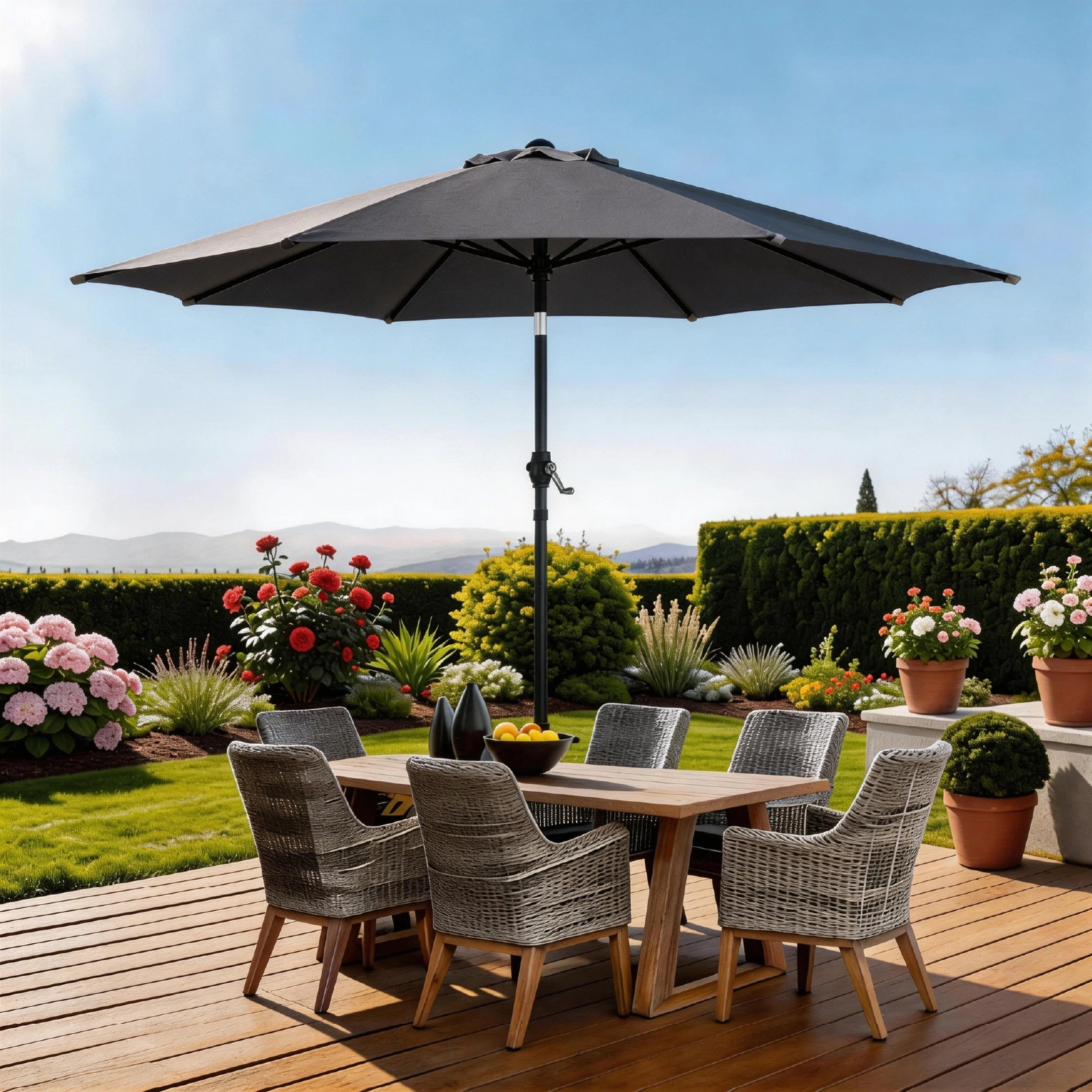 7.5FT Round Outdoor Patio Umbrella with Tilt Adjustment, Crank Lift System, 6 Iron Ribs & Iron Pole, Waterproof UV Protected Polyester Canopy, Gray view 20