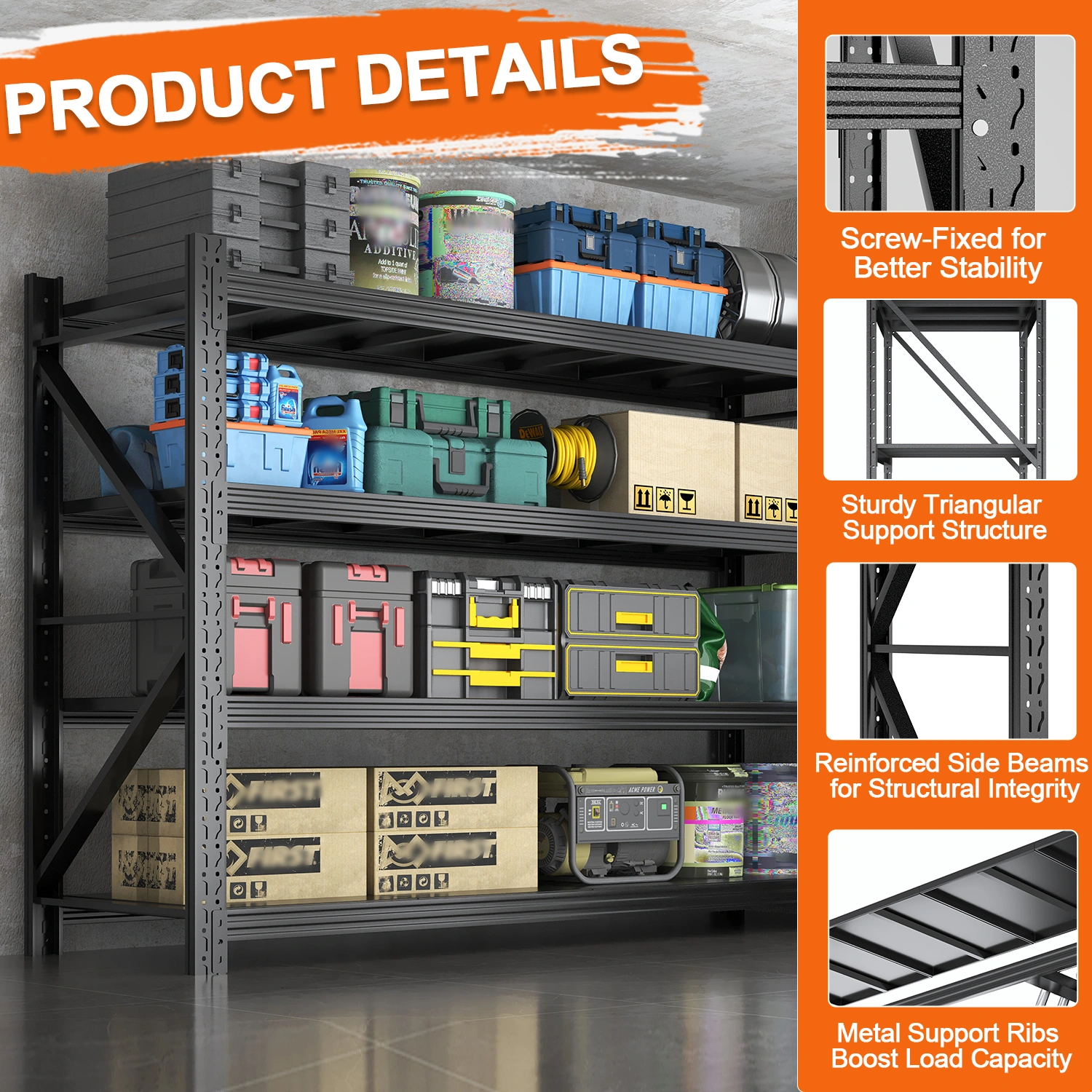 Heavy Duty Garage Shelving Units 70.1"H"71"W 24"D, 4-Tier Steel Adjustable Metal Storage Shelves,6000 lbs Industrial Rack for Garage Organization,Basement,Warehouse,Workshop,Utility Shelving for Tools view 5