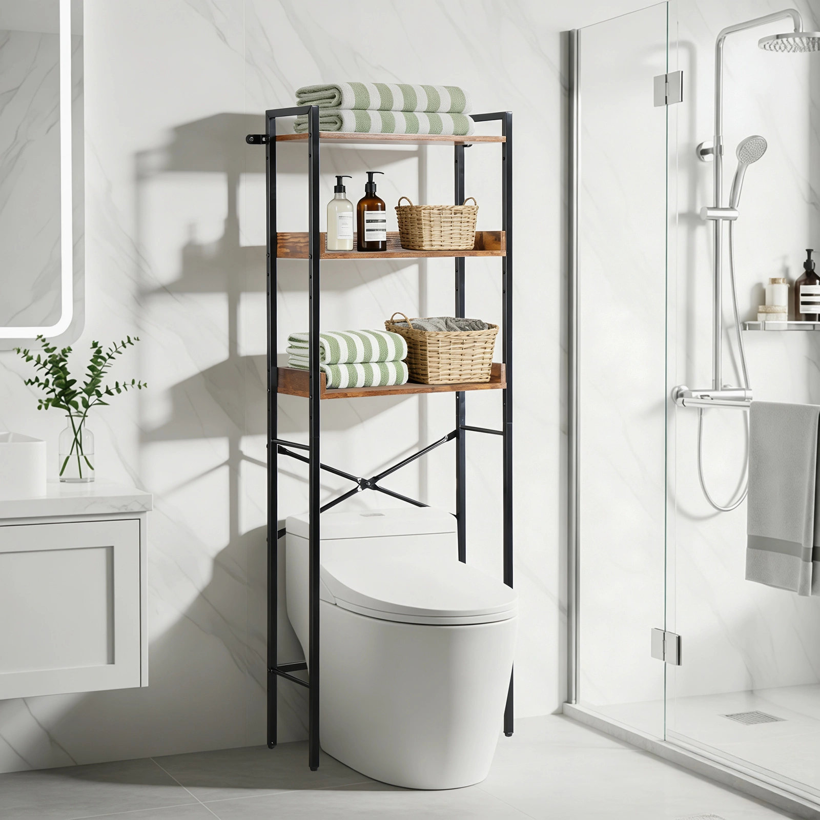 Dark Wood 3-Tier Toilet Rack, 60x24x162cm, Melamine Faced Particleboard, Bathroom Storage Shelf with Side Panels