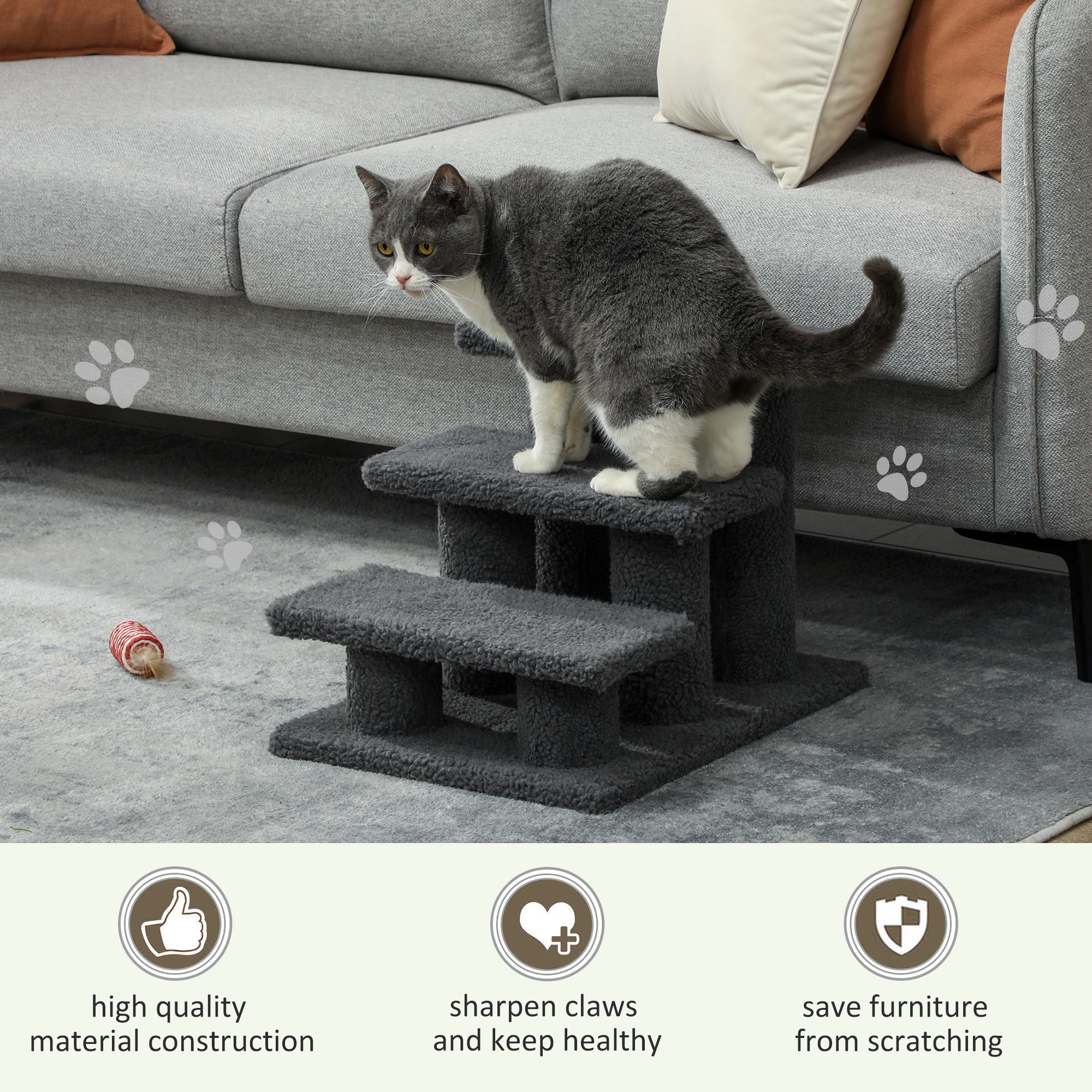 Pet Stairs for Dogs & Cats | 3-Tier Foam Steps with Scratching Post | Soft Side Steps for Senior Small Pets Easy Bed Access