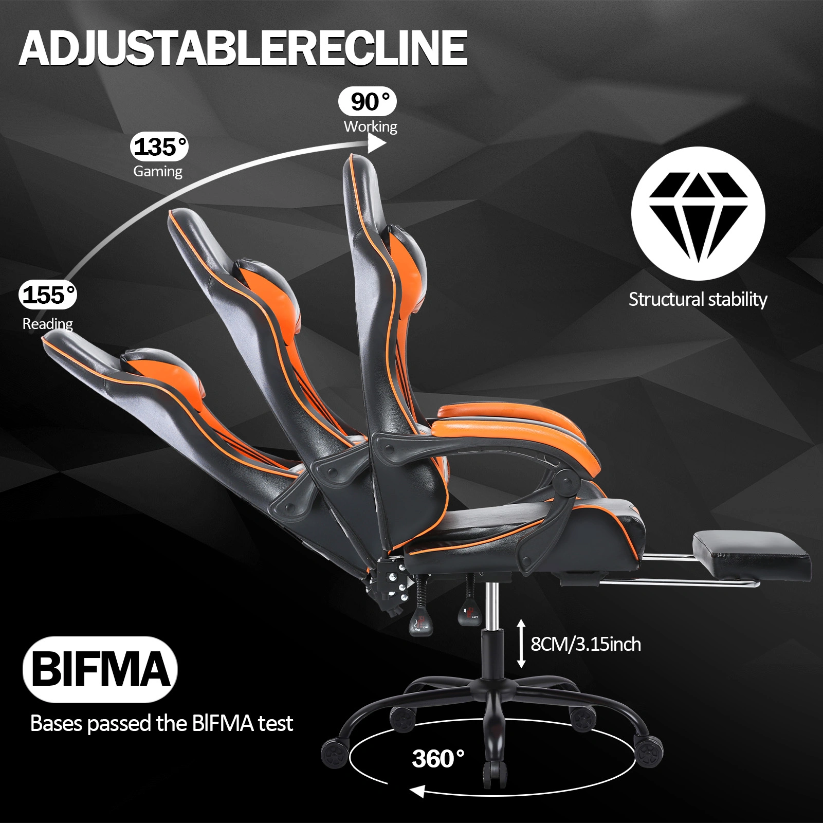 Big and Tall Gaming Chair with Footrest, Ergonomic PU Leather Office Chair, Adjustable Reclining Desk Chair 360° Swivel with Wheels, for Adults, Orange view 3