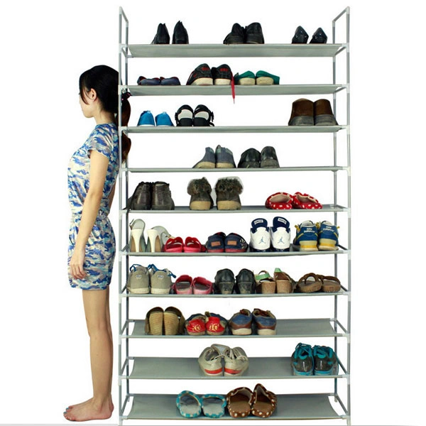 10-Tier Shoe Rack 100cm, Large Capacity Steel Frame Non-Woven Fabric Shoe Organizer Cabinet, Gray view 2