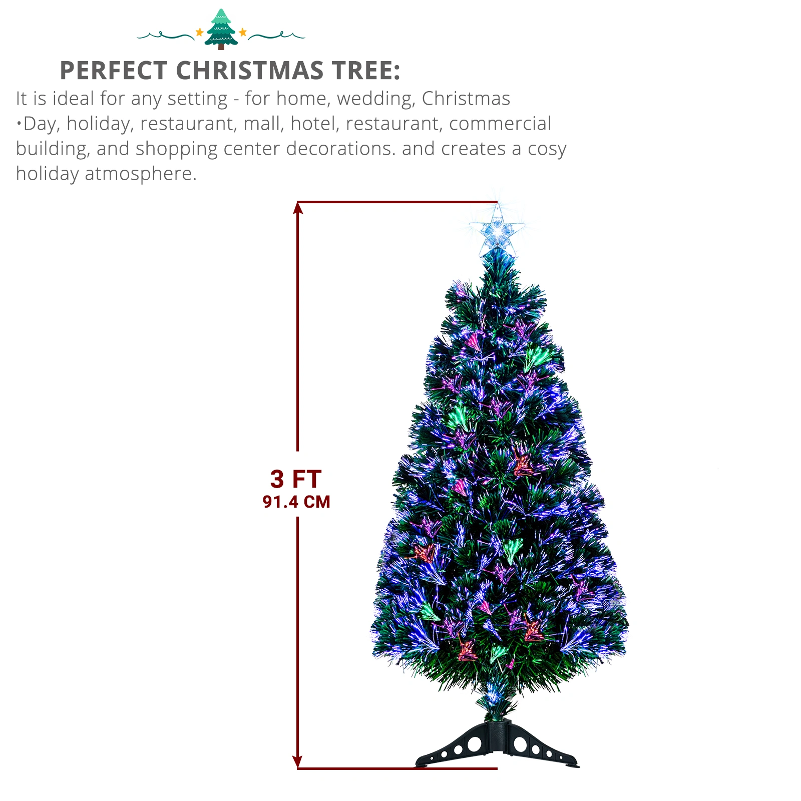 FCH 3ft Fiber Optic Christmas Tree with Stars Top, Color-Changing Lights, 85 PVC Branches, Plastic Base view 3
