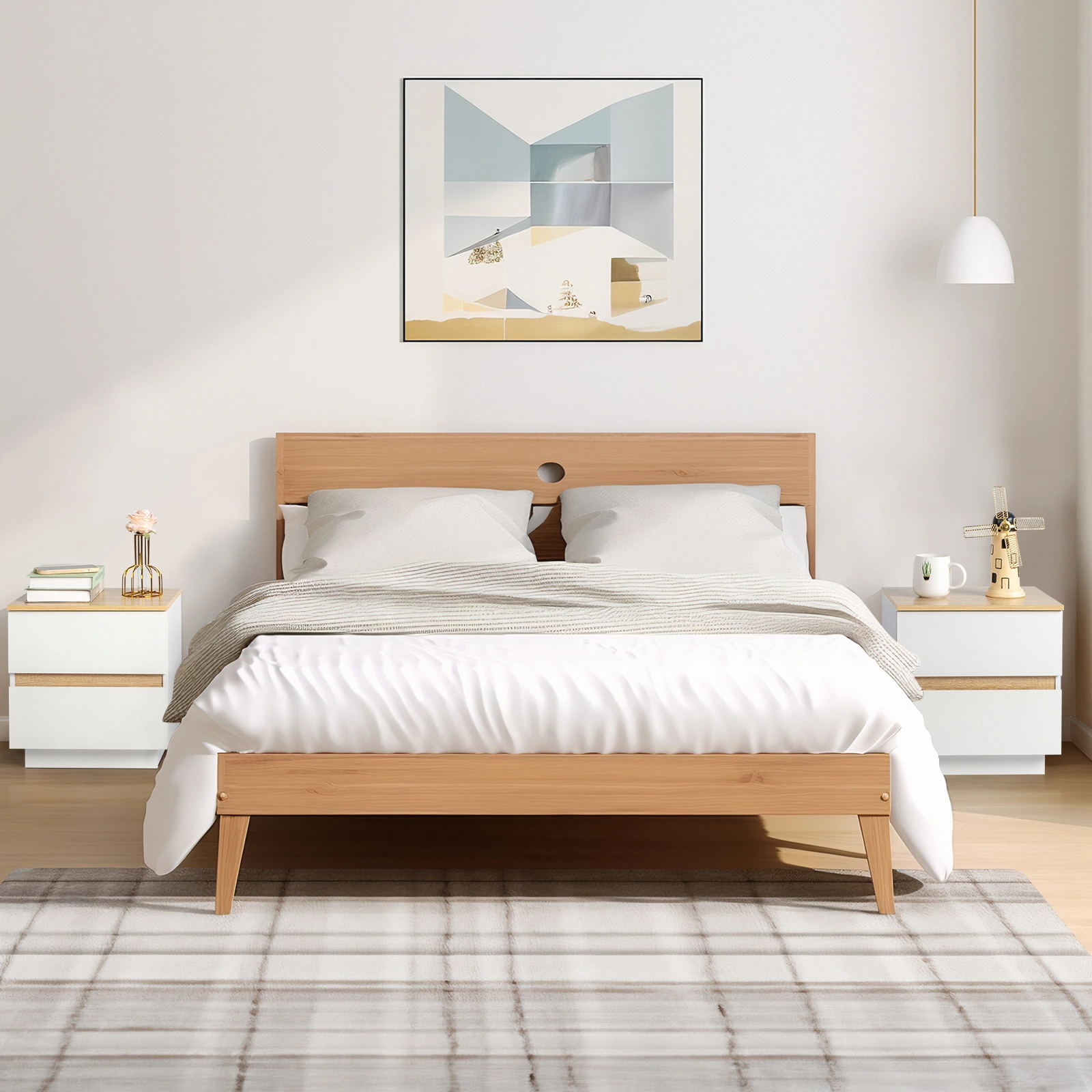 Embossed White & Oak Bedside Table, 2-Drawer Nightstand, 12mm E1 Particle Board, Handle-Free Design, 38x32x40cm, White Oak view 2