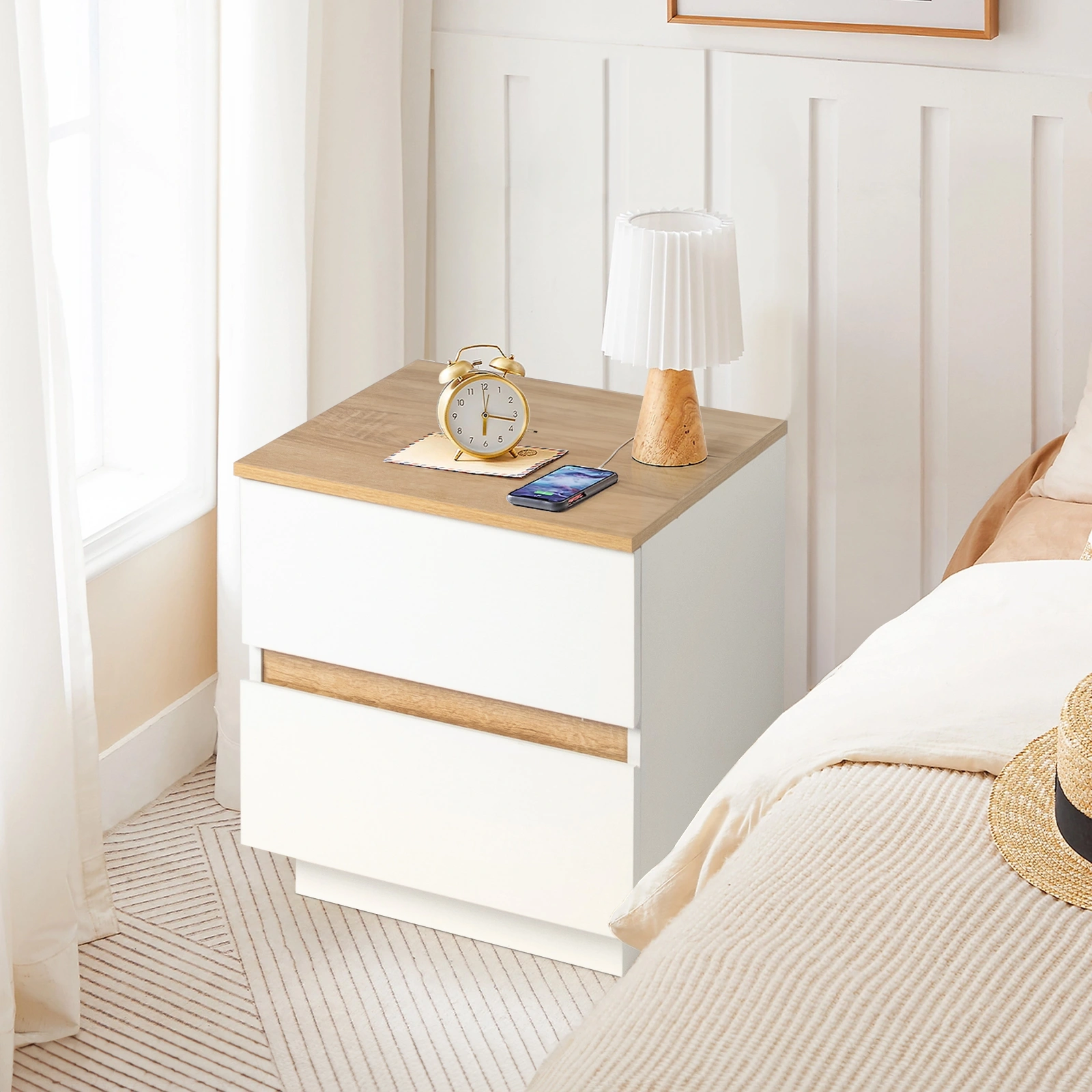 Embossed White & Oak Bedside Table, 2-Drawer Nightstand, 12mm E1 Particle Board, Handle-Free Design, 38x32x40cm, White Oak view 3