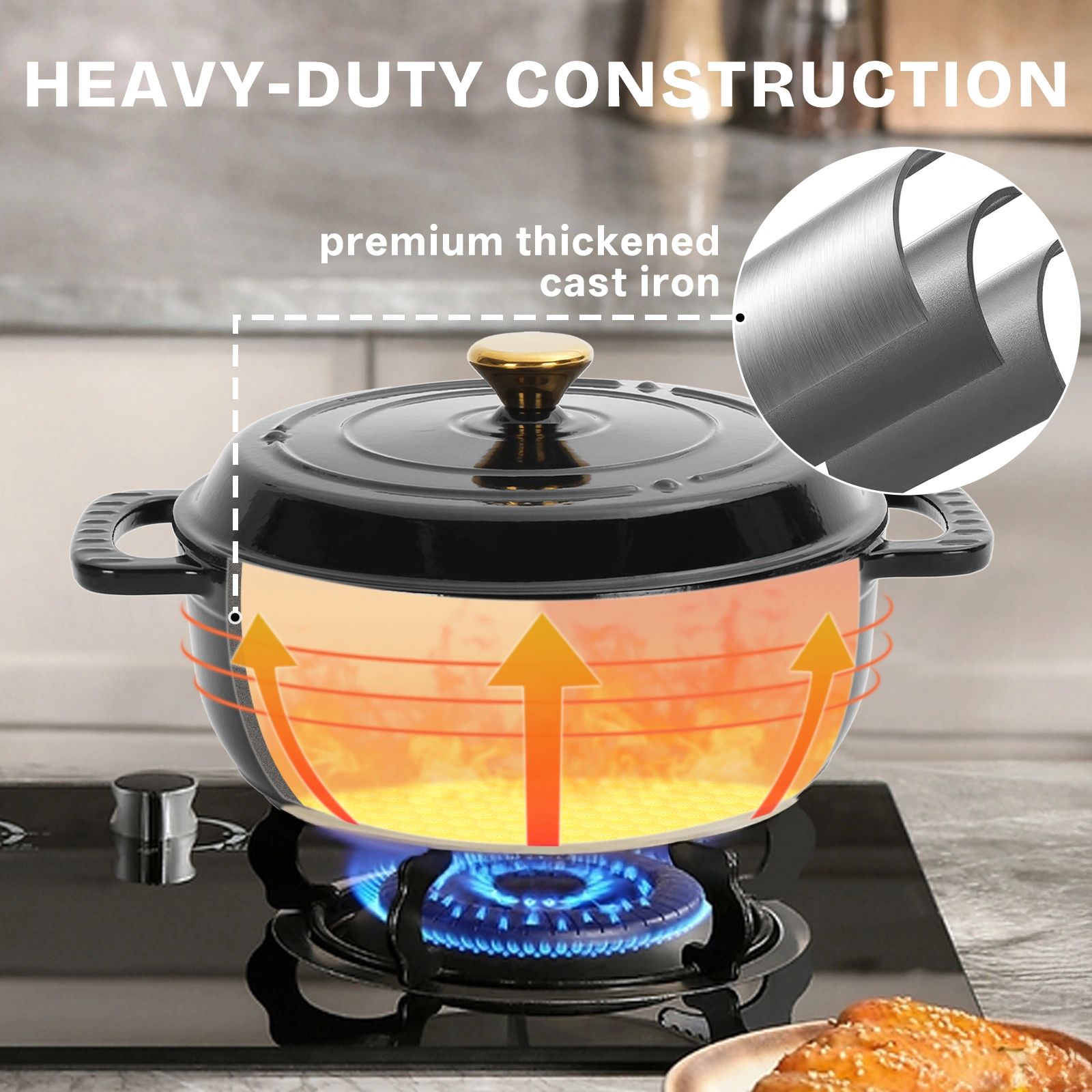 Cast iron 5QT cooking pot - Pure black - includes two silicone gloves - Enamel pot view 10