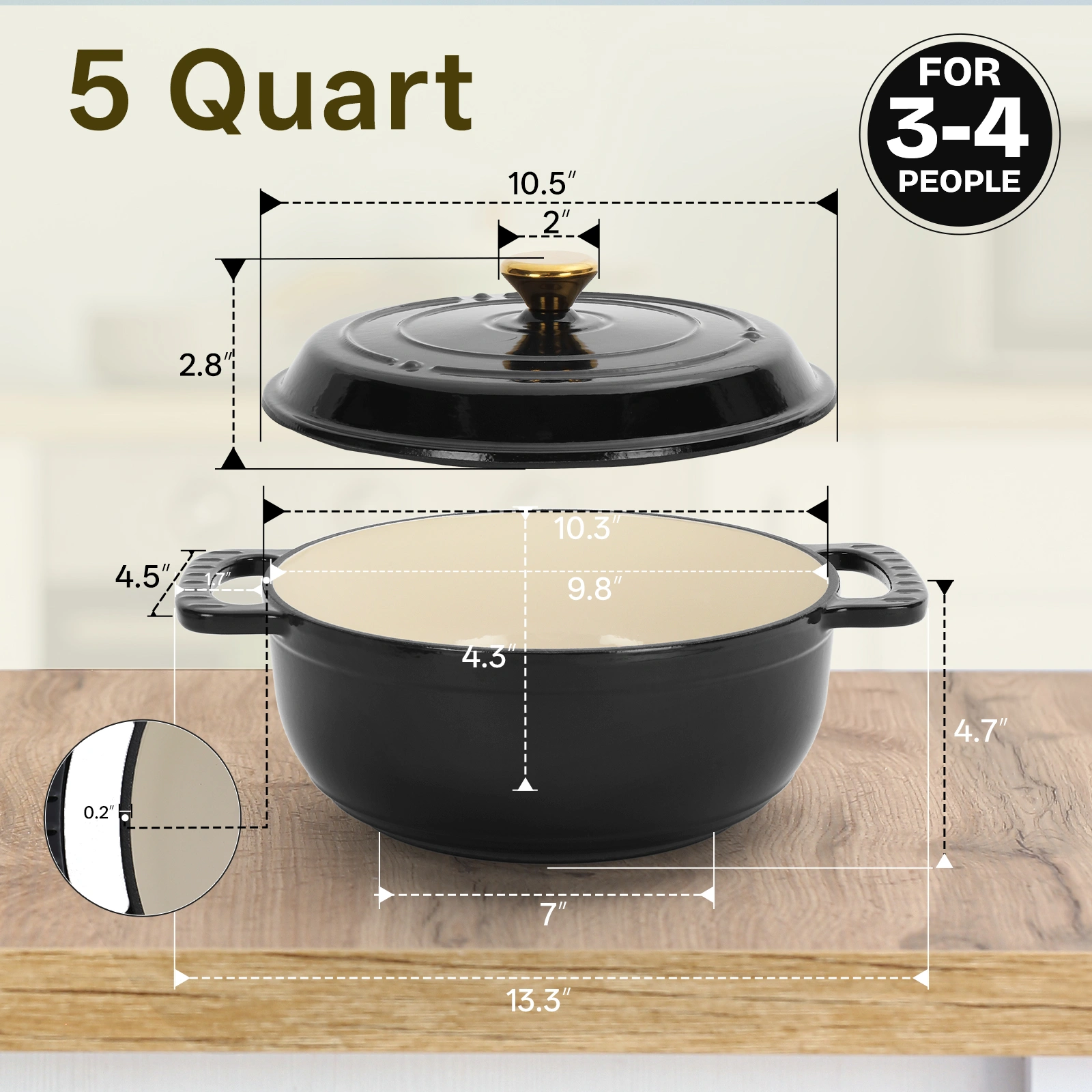 Cast iron 5QT cooking pot - Pure black - includes two silicone gloves - Enamel pot view 7
