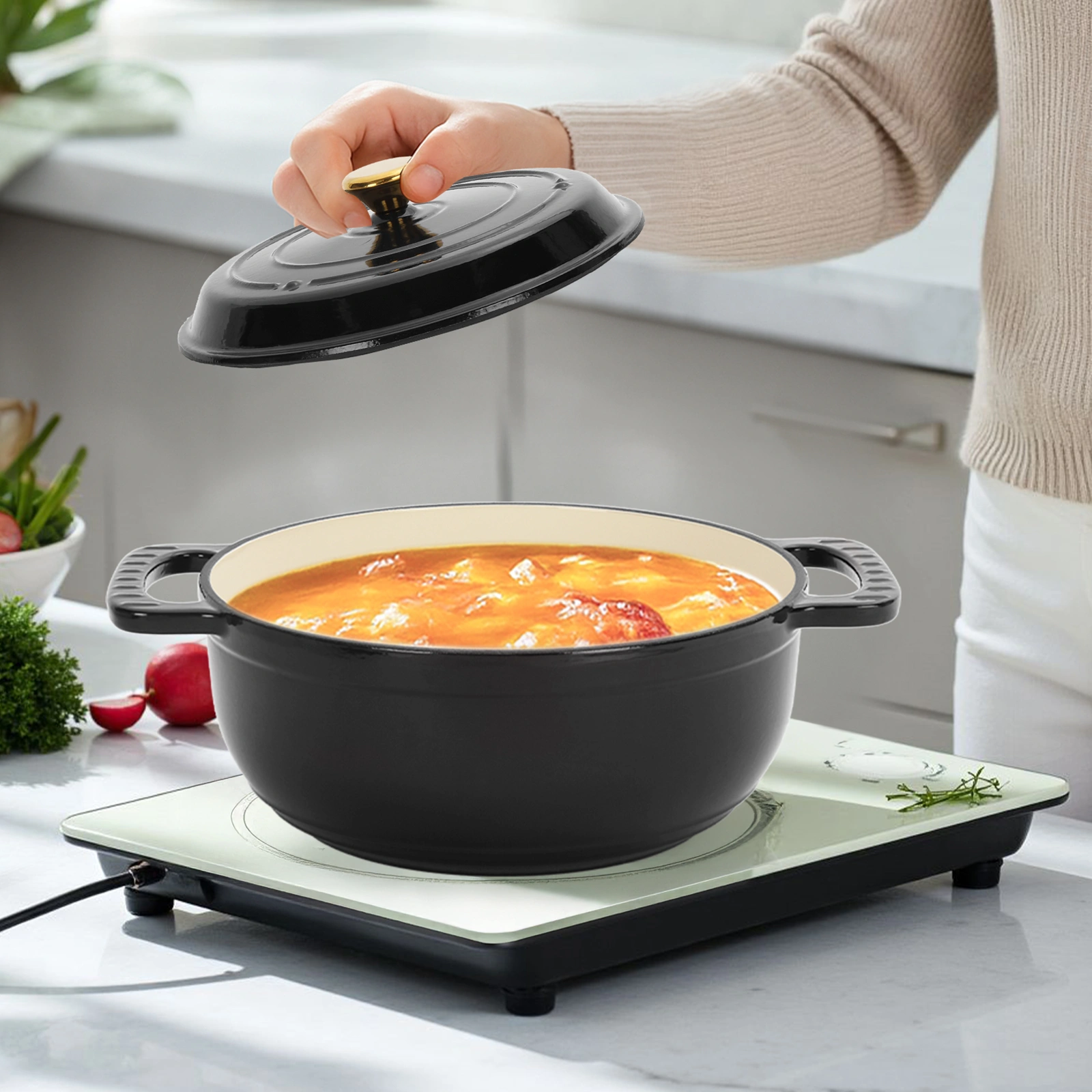 Cast iron 5QT cooking pot - Pure black - includes two silicone gloves - Enamel pot view 9