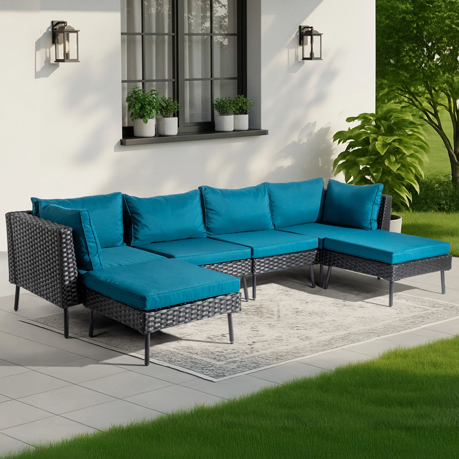 2 pcs armless sofa + 2 pcs corner sofa + 2 pcs footstool iron legs black rattan peacock green cushions woven rattan multi-piece set view 10