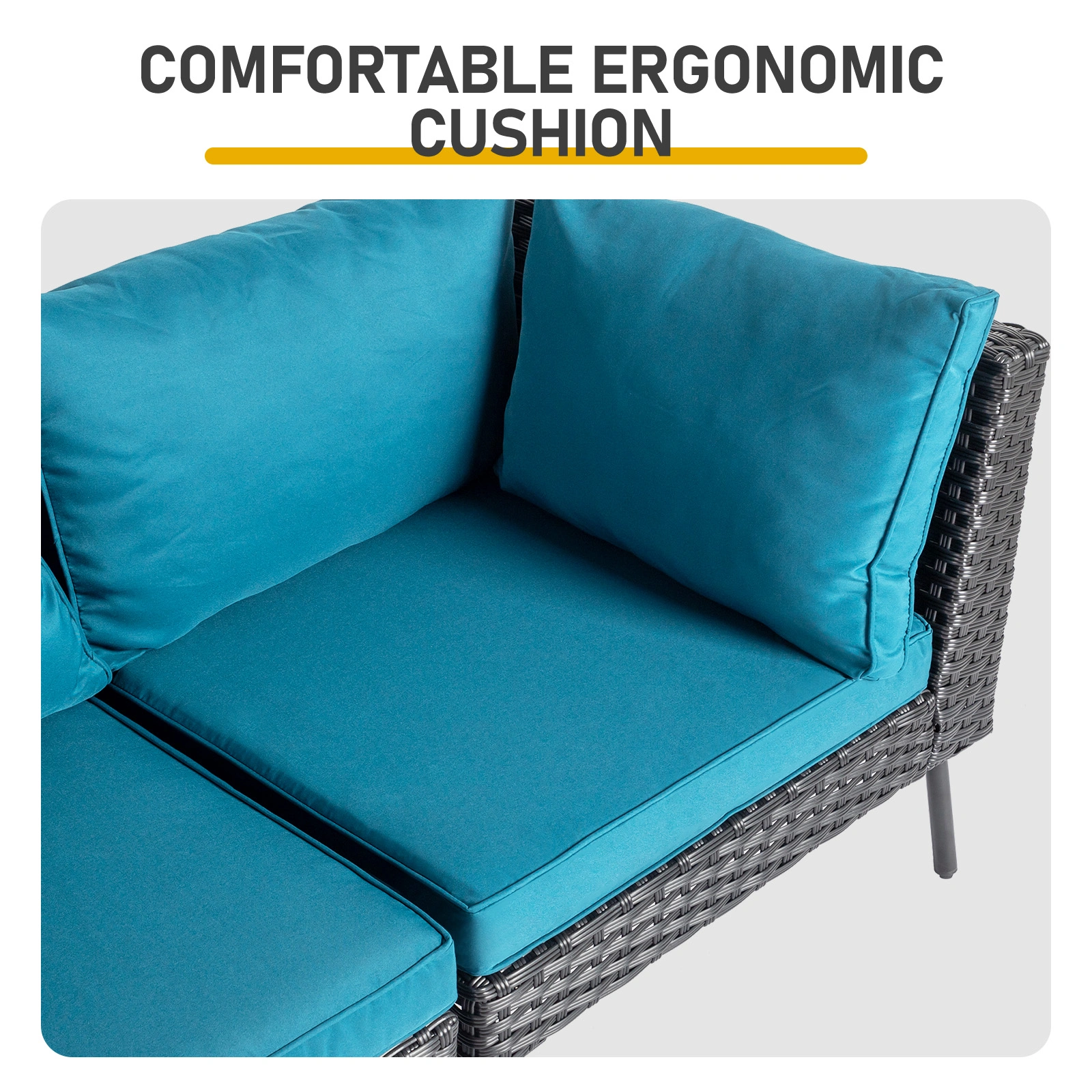 2 pcs armless sofa + 2 pcs corner sofa + 2 pcs footstool iron legs black rattan peacock green cushions woven rattan multi-piece set view 4