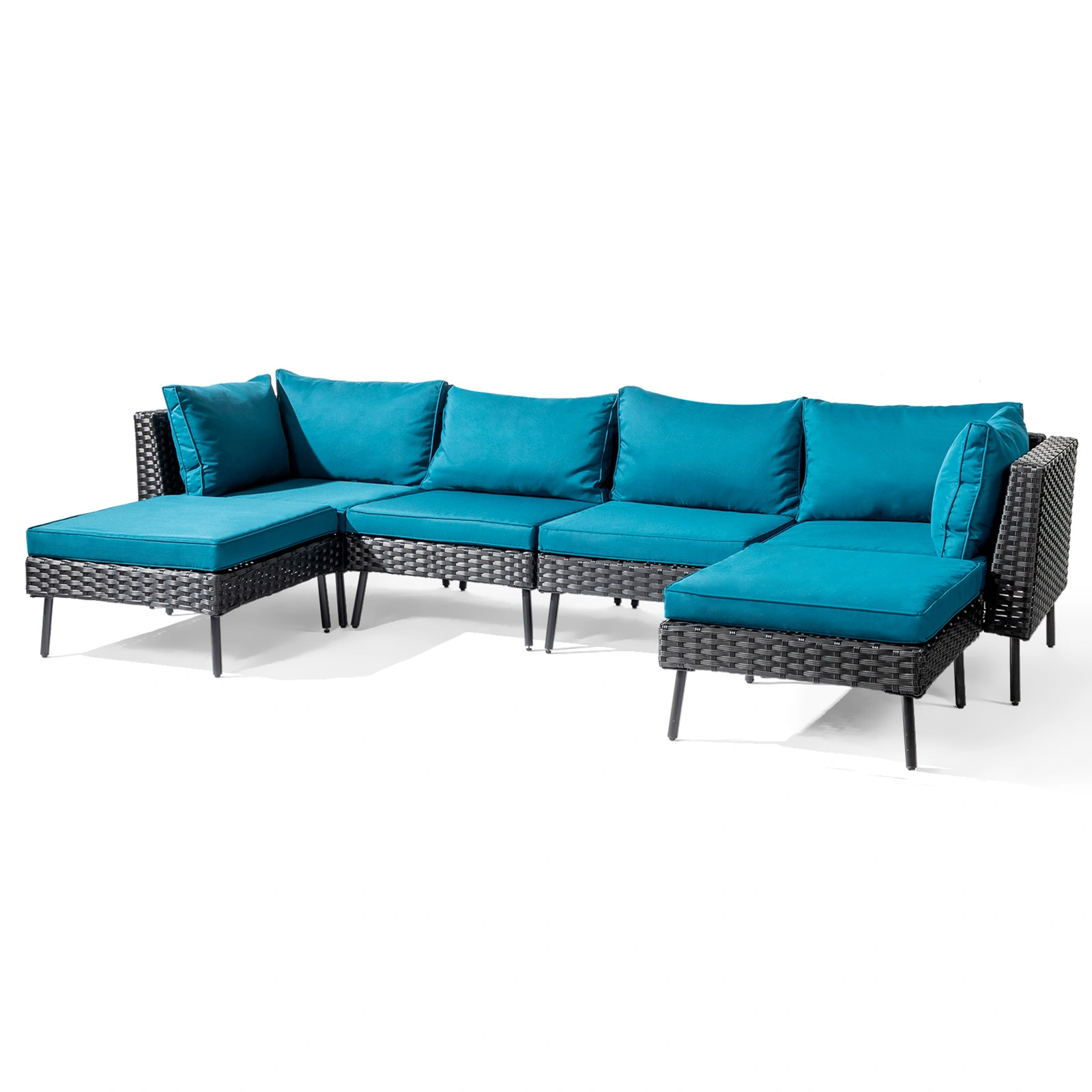 2 pcs armless sofa + 2 pcs corner sofa + 2 pcs footstool iron legs black rattan peacock green cushions woven rattan multi-piece set view 7