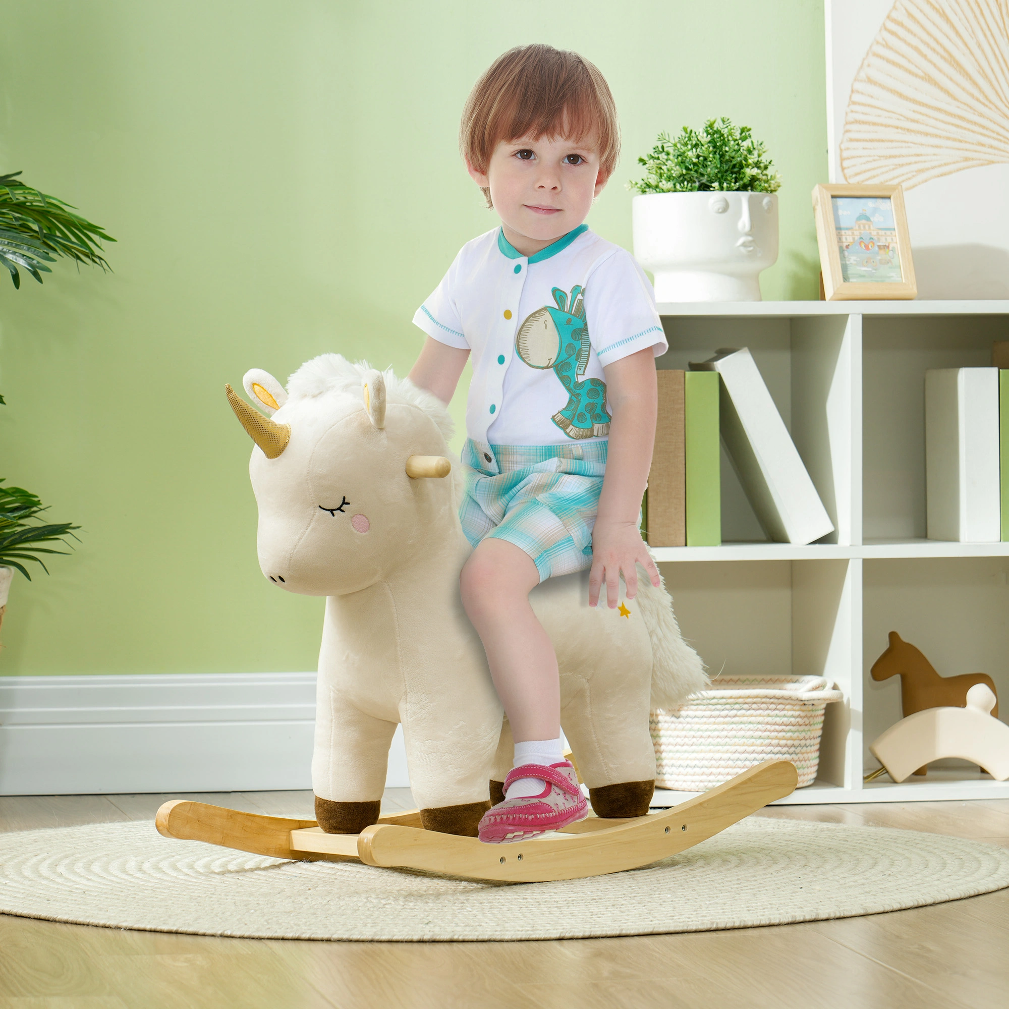 Wooden Kids Rocking Horse with Music & Lights, Indoor Outdoor Ride-On Toy for Toddlers
