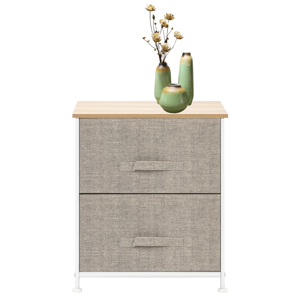 2-Drawer Night Stand End Table Storage Tower, Steel Frame Wood Top, Fabric Bins, Textured Linen Organizer - Natural view 3