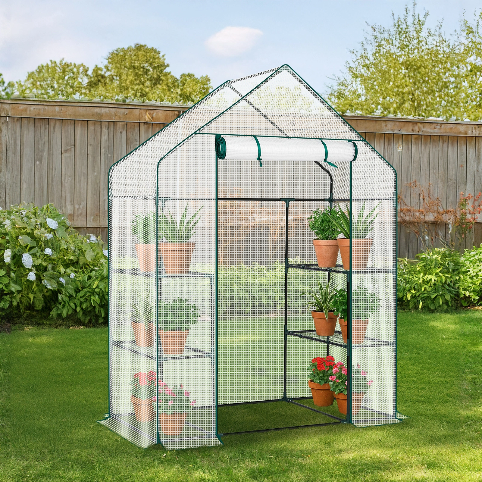 Mini Walk-in Greenhouse with PE Cover, 4-Shelf Indoor Outdoor Plant Gardening Green House for Garden Backyard, 56" x 29" x 77", White view 11