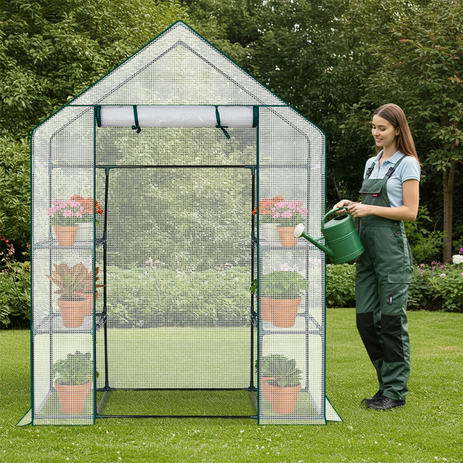 Mini Walk-in Greenhouse with PE Cover, 4-Shelf Indoor Outdoor Plant Gardening Green House for Garden Backyard, 56" x 29" x 77", White view 12