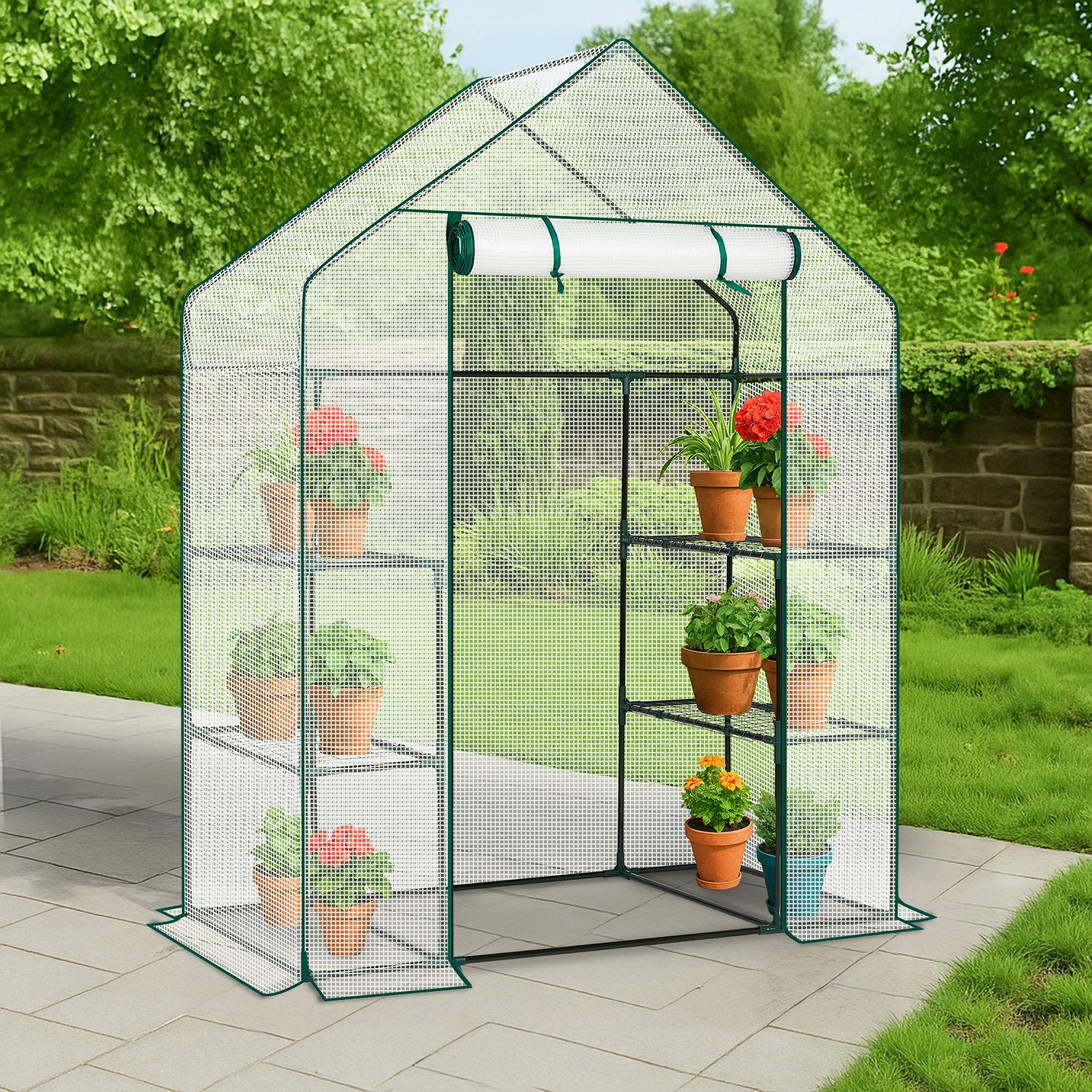 Mini Walk-in Greenhouse with PE Cover, 4-Shelf Indoor Outdoor Plant Gardening Green House for Garden Backyard, 56" x 29" x 77", White view 13