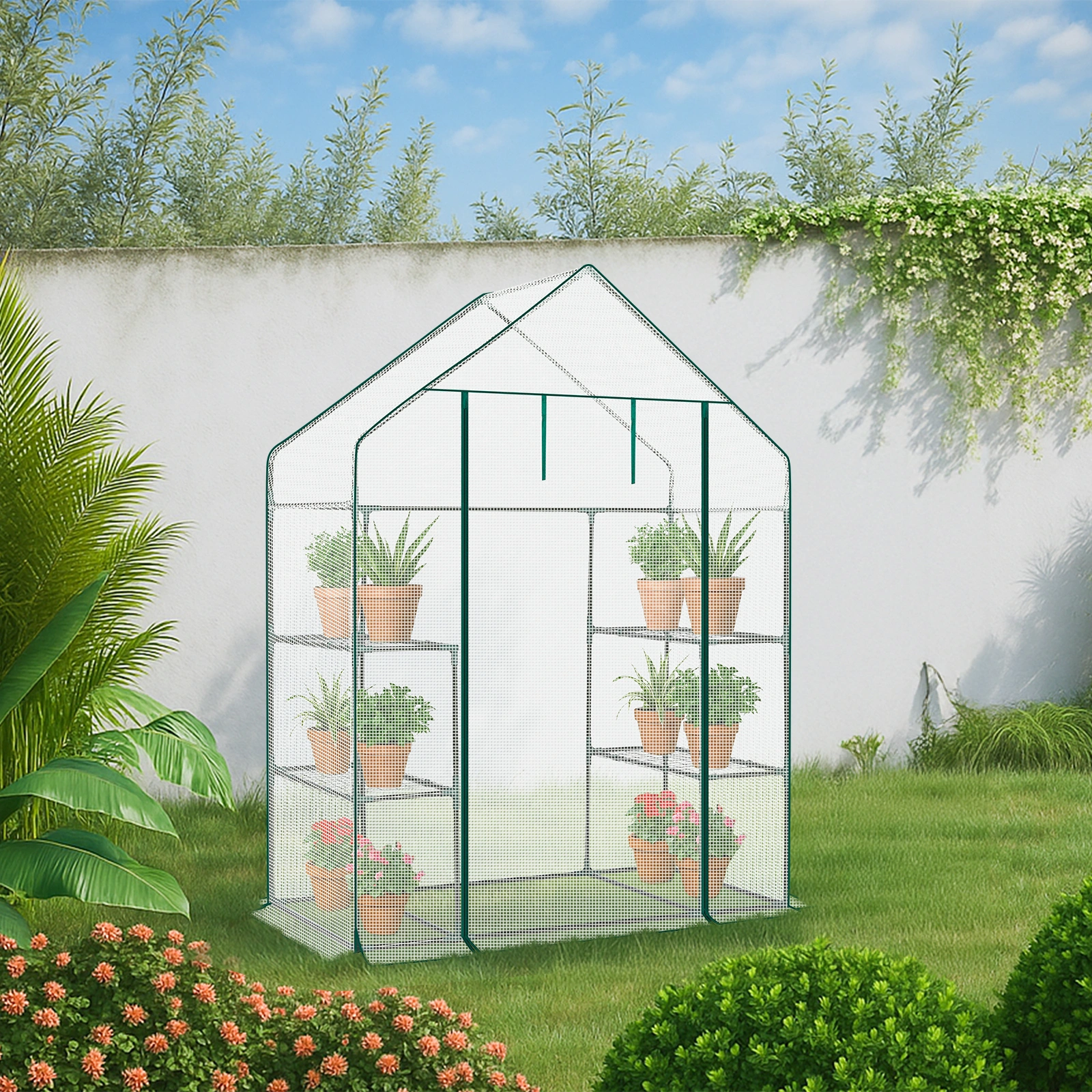 Mini Walk-in Greenhouse with PE Cover, 4-Shelf Indoor Outdoor Plant Gardening Green House for Garden Backyard, 56" x 29" x 77", White view 14