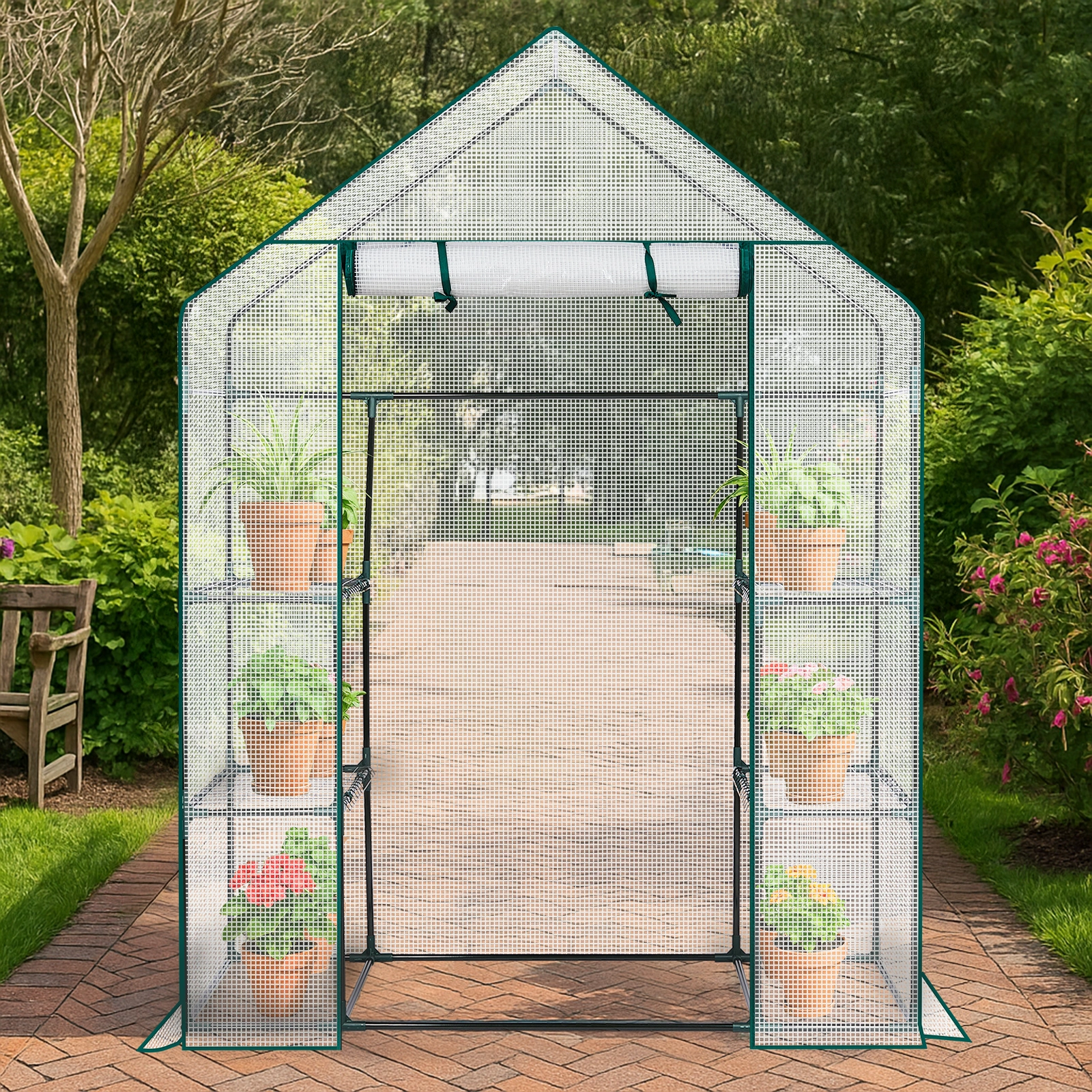 Mini Walk-in Greenhouse with PE Cover, 4-Shelf Indoor Outdoor Plant Gardening Green House for Garden Backyard, 56" x 29" x 77", White view 16