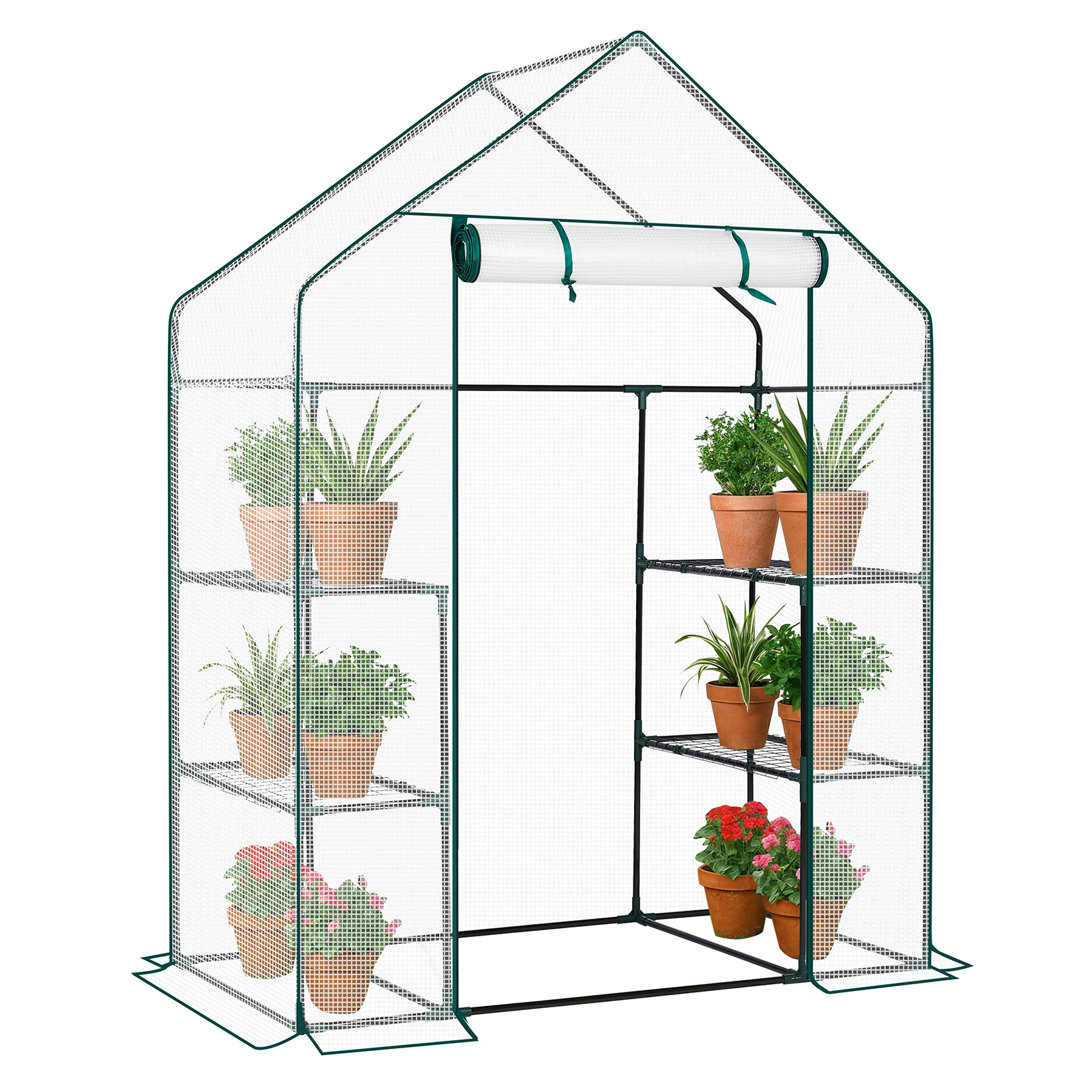 Mini Walk-in Greenhouse with PE Cover, 4-Shelf Indoor Outdoor Plant Gardening Green House for Garden Backyard, 56" x 29" x 77", White view 7