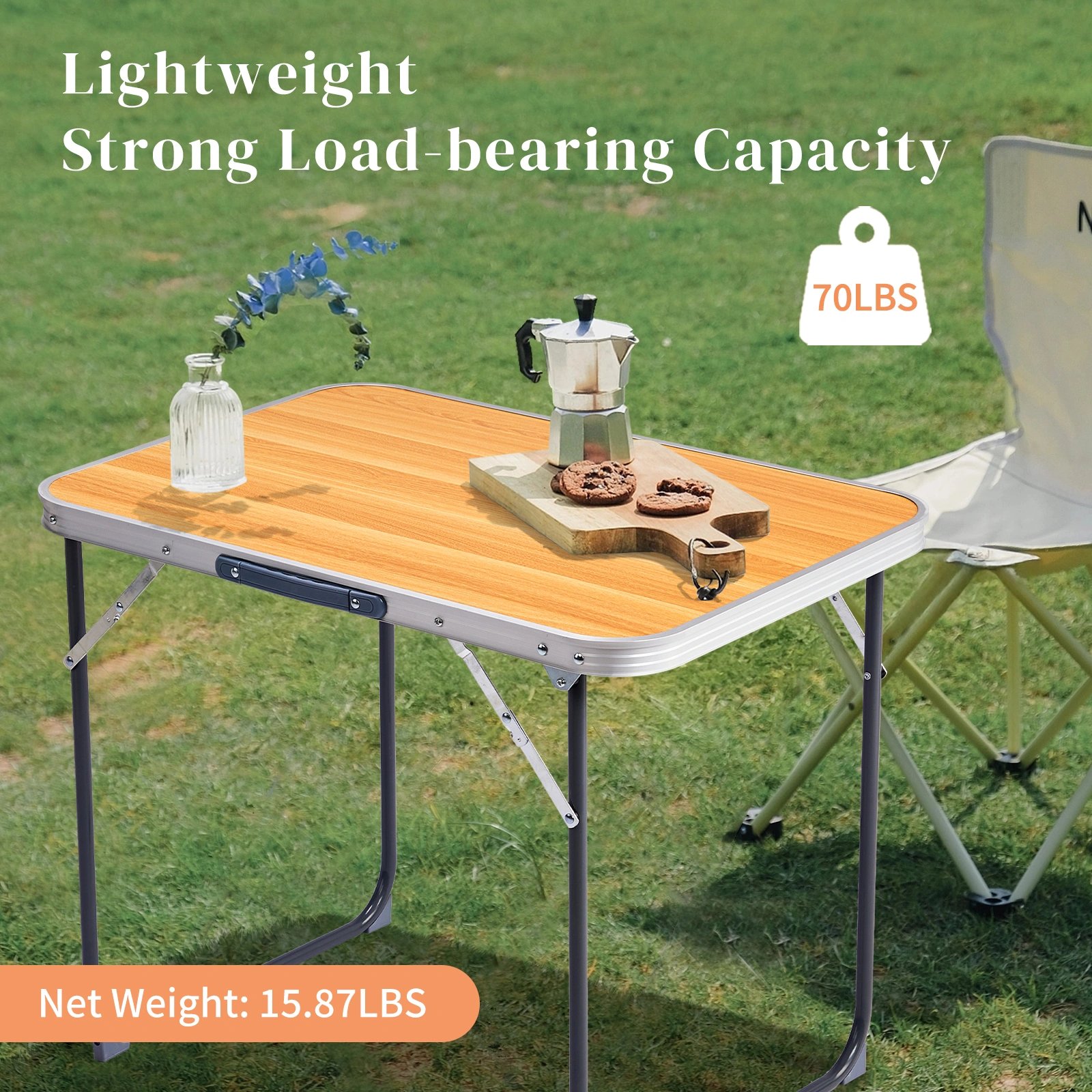 2.3ft Aluminum Camping Folding Table wood grain color view 11