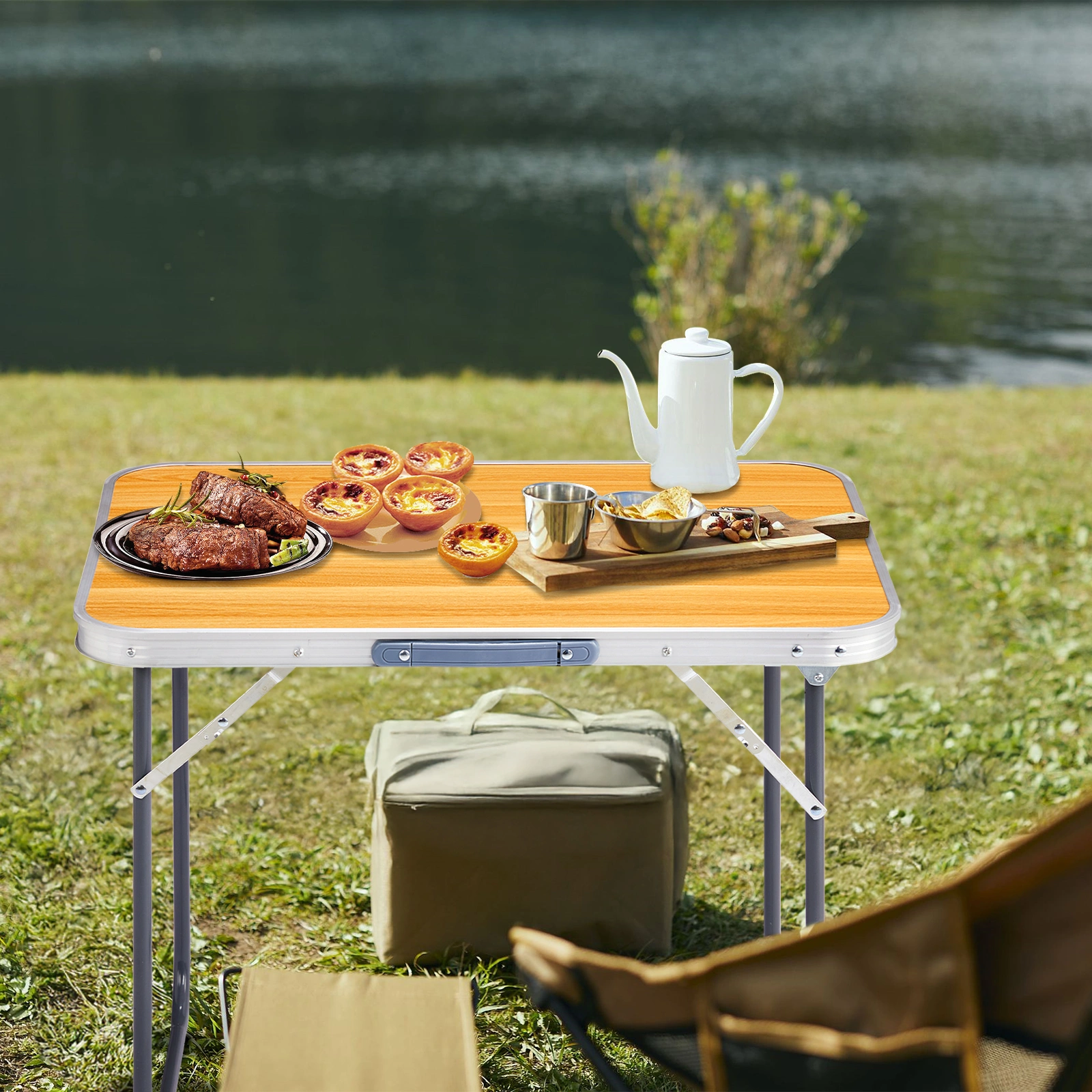 2.3ft Aluminum Camping Folding Table wood grain color view 6