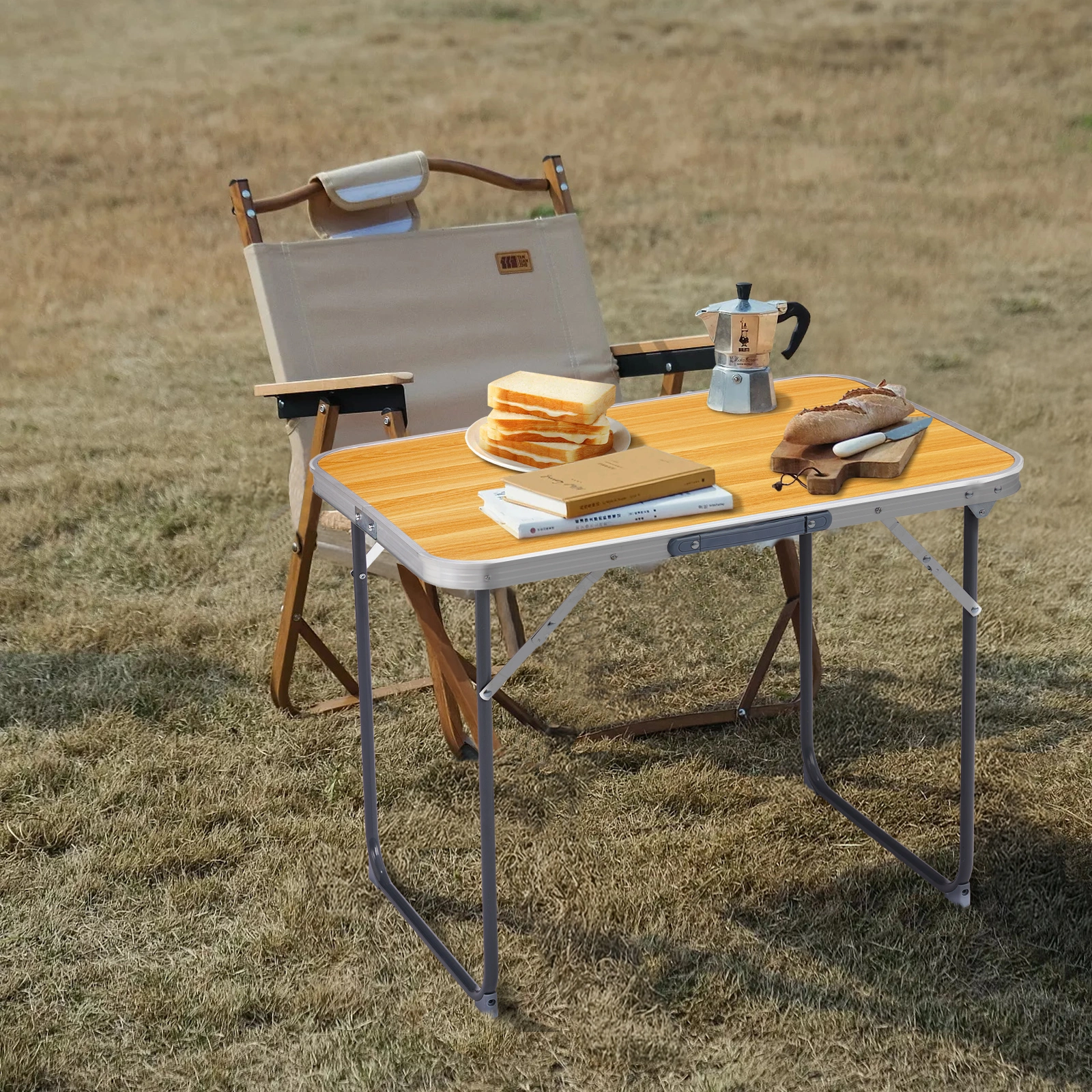 2.3ft Aluminum Camping Folding Table wood grain color view 7