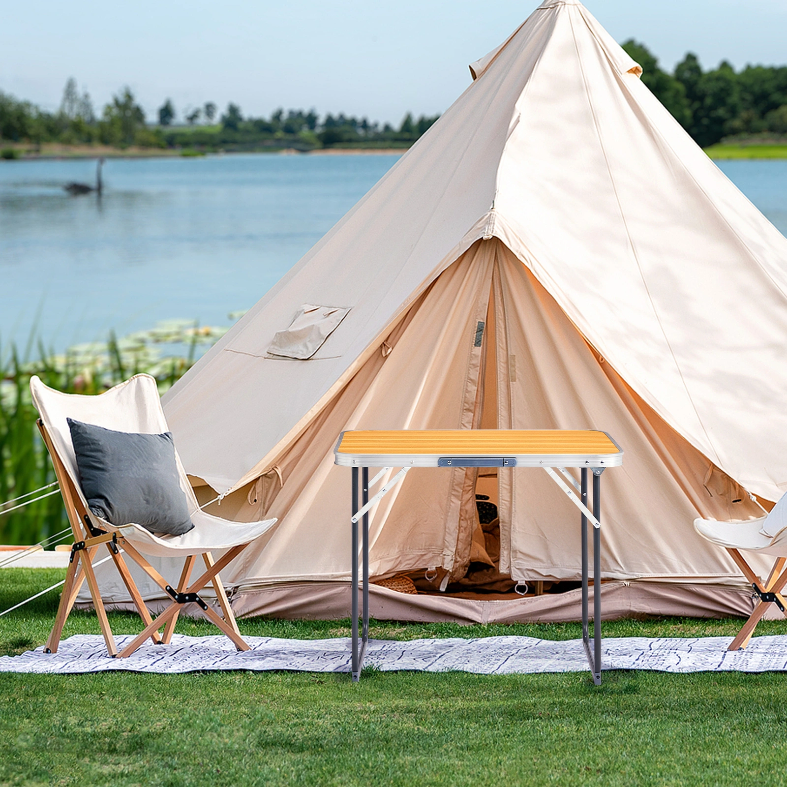 2.3ft Aluminum Camping Folding Table wood grain color view 8