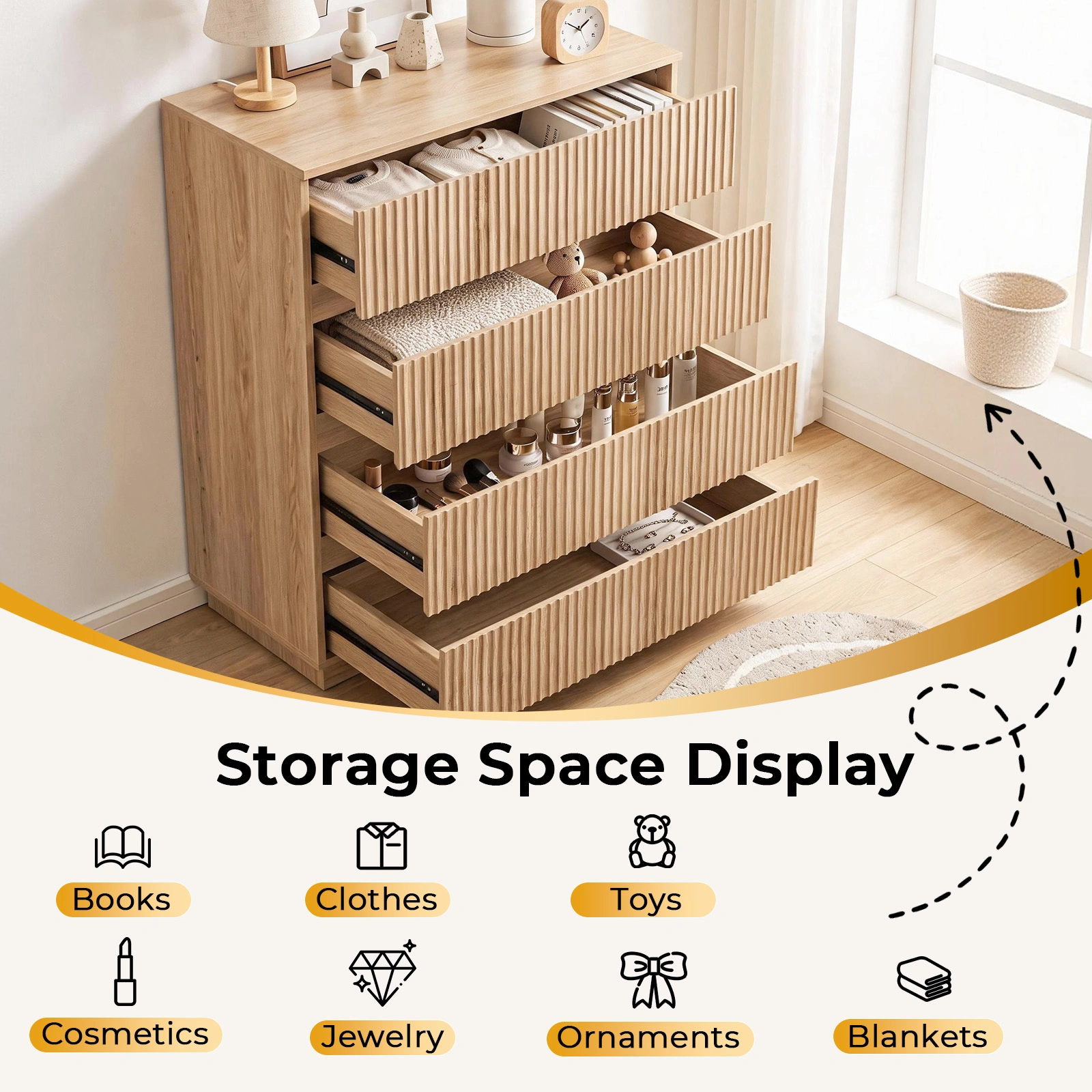 Handleless Grille-Finished 4-Drawer Bedside Table P2 Particleboard + MDF & Melamine Veneer + Thermoformed Drawer Dresser 23.62*14.96*30.71in Oak view 11