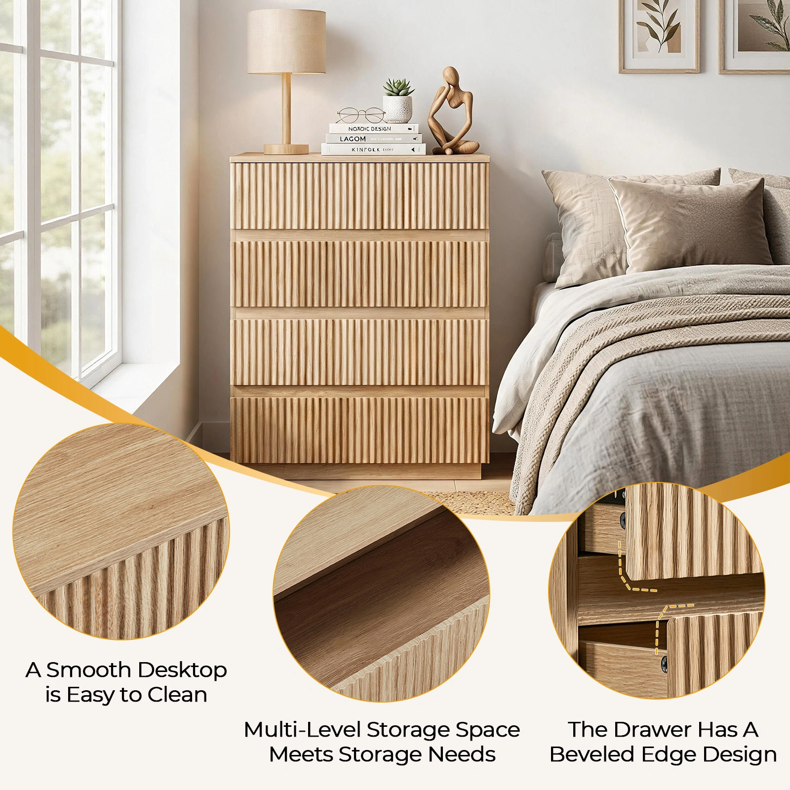 Handleless Grille-Finished 4-Drawer Bedside Table P2 Particleboard + MDF & Melamine Veneer + Thermoformed Drawer Dresser 23.62*14.96*30.71in Oak view 12