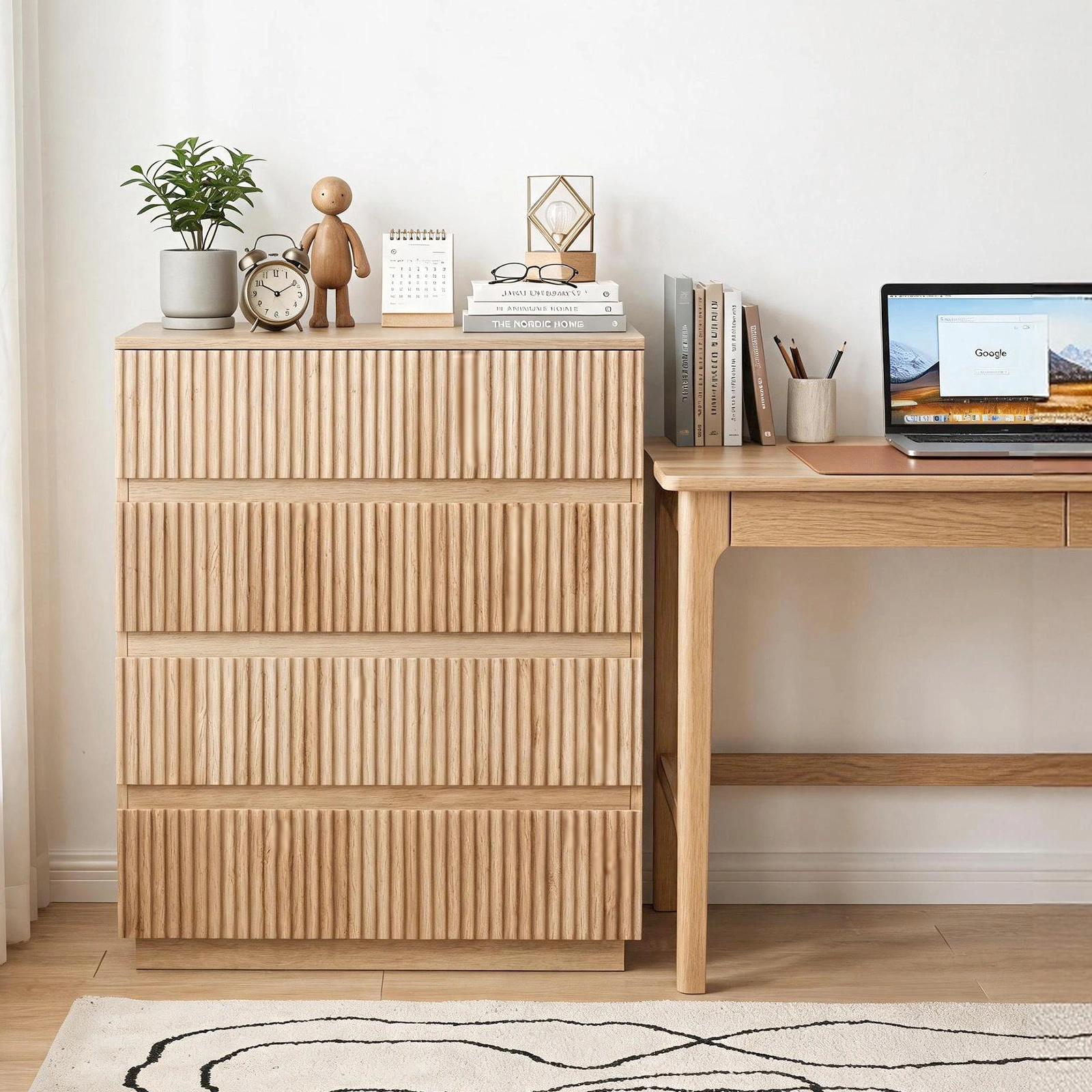 Handleless Grille-Finished 4-Drawer Bedside Table P2 Particleboard + MDF & Melamine Veneer + Thermoformed Drawer Dresser 23.62*14.96*30.71in Oak view 13