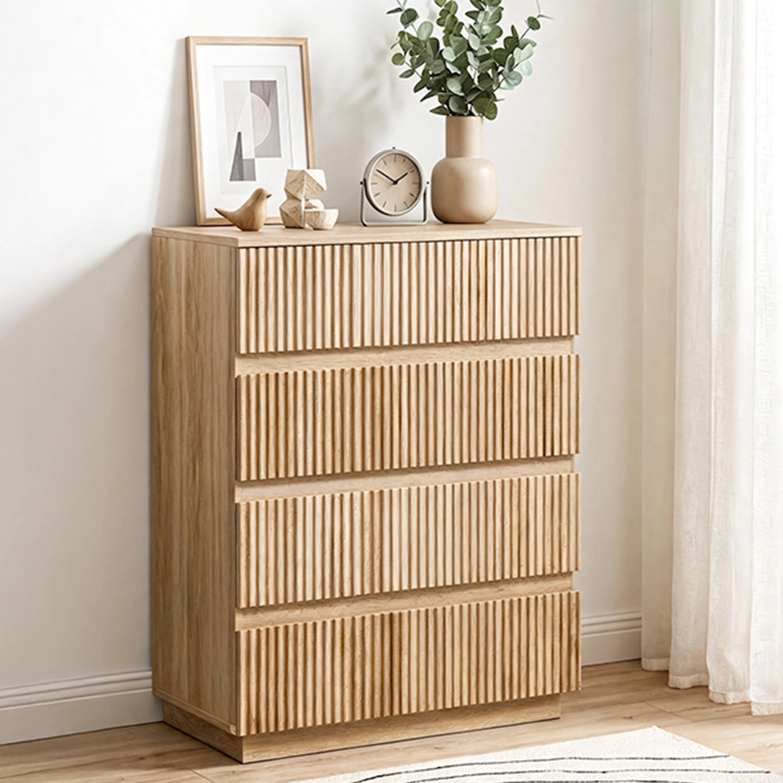 Handleless Grille-Finished 4-Drawer Bedside Table P2 Particleboard + MDF & Melamine Veneer + Thermoformed Drawer Dresser 23.62*14.96*30.71in Oak view 14