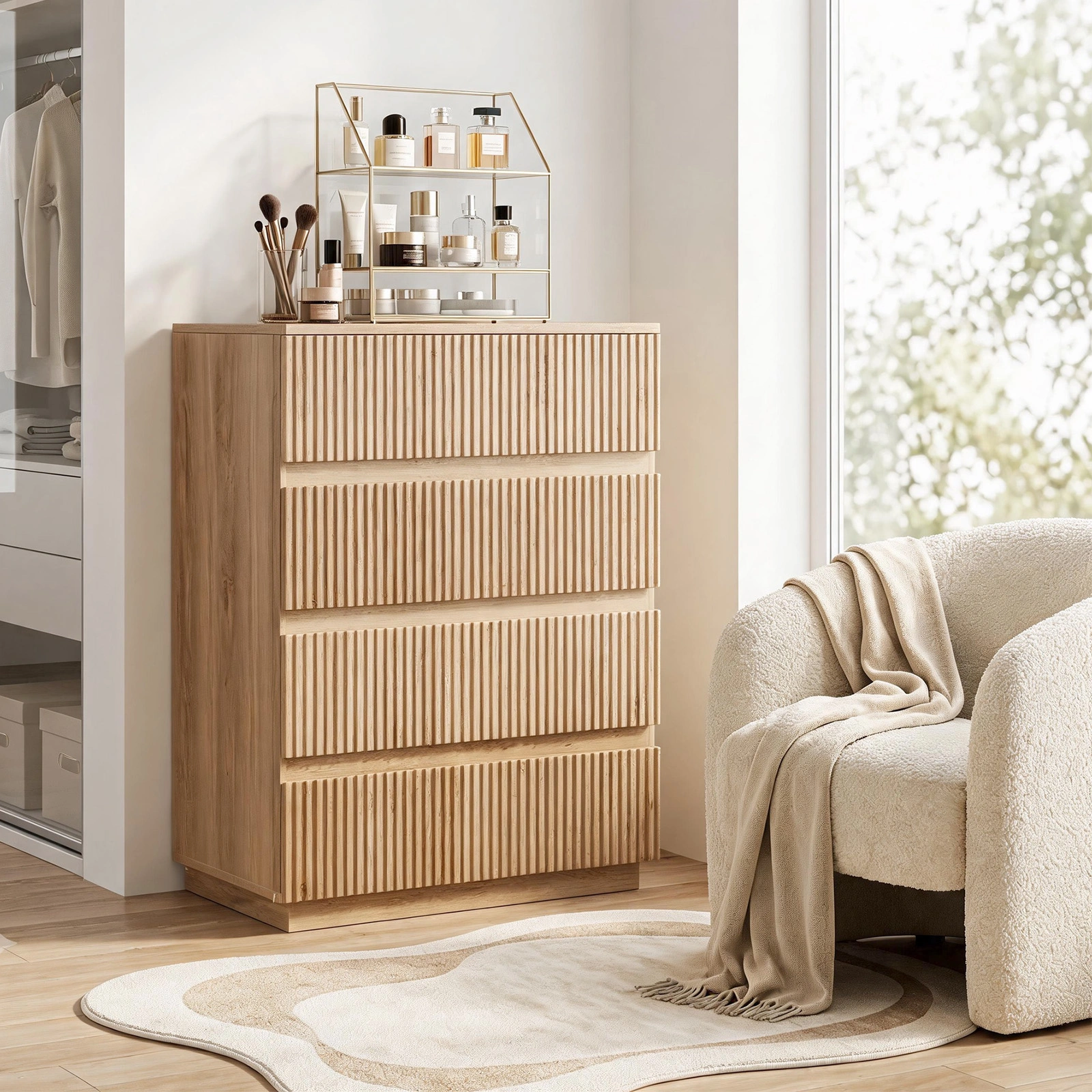 Handleless Grille-Finished 4-Drawer Bedside Table P2 Particleboard + MDF & Melamine Veneer + Thermoformed Drawer Dresser 23.62*14.96*30.71in Oak view 15