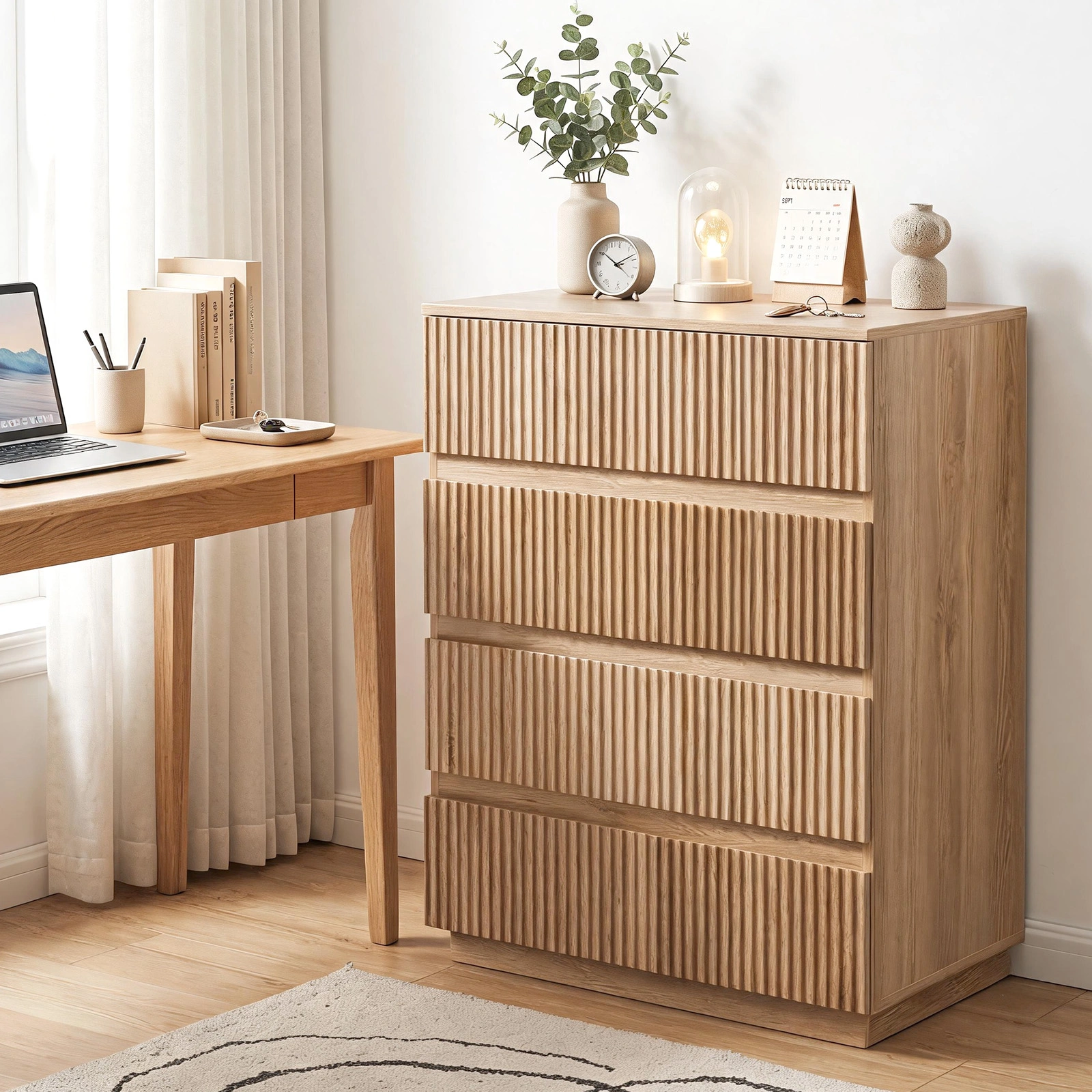 Handleless Grille-Finished 4-Drawer Bedside Table P2 Particleboard + MDF & Melamine Veneer + Thermoformed Drawer Dresser 23.62*14.96*30.71in Oak view 16