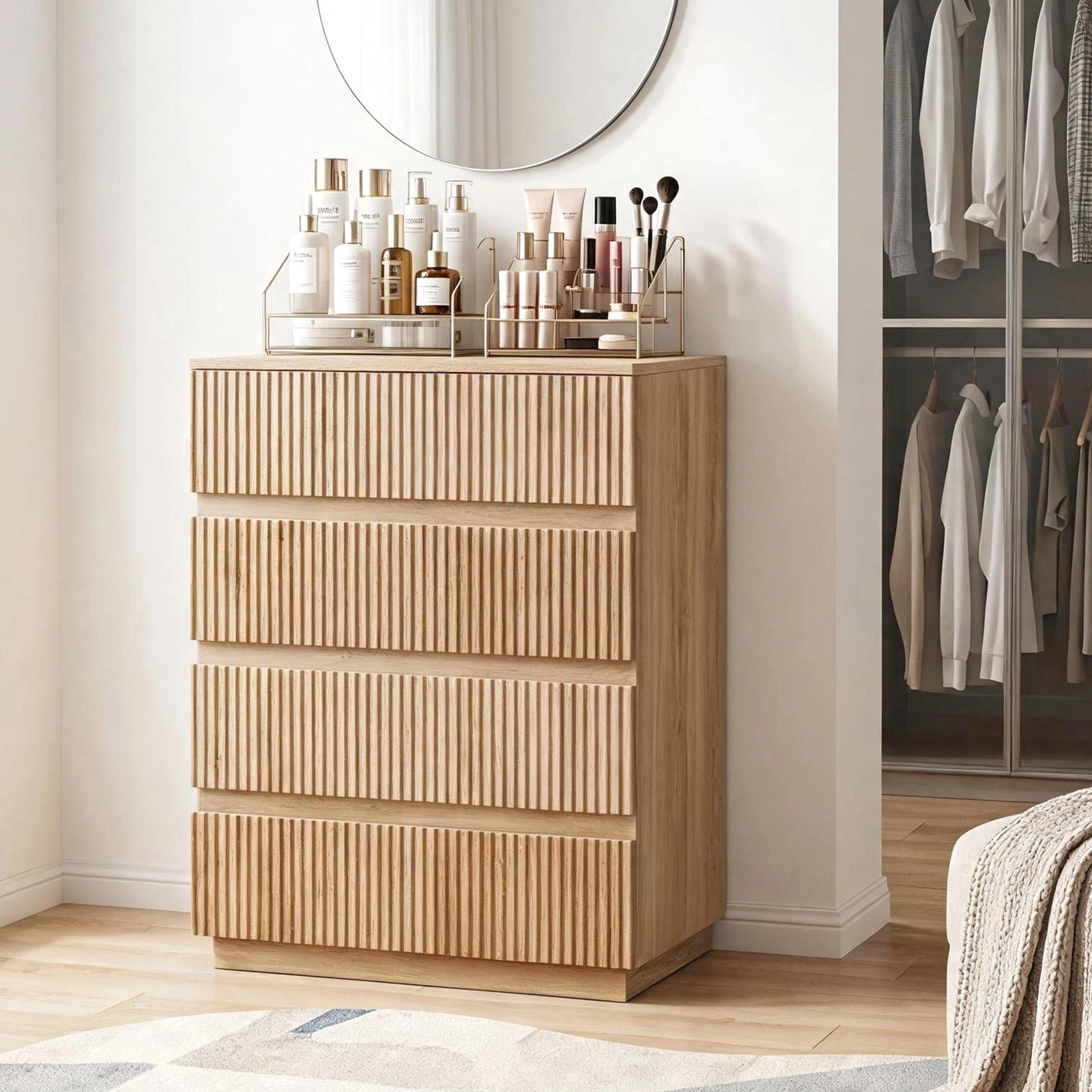 Handleless Grille-Finished 4-Drawer Bedside Table P2 Particleboard + MDF & Melamine Veneer + Thermoformed Drawer Dresser 23.62*14.96*30.71in Oak view 17