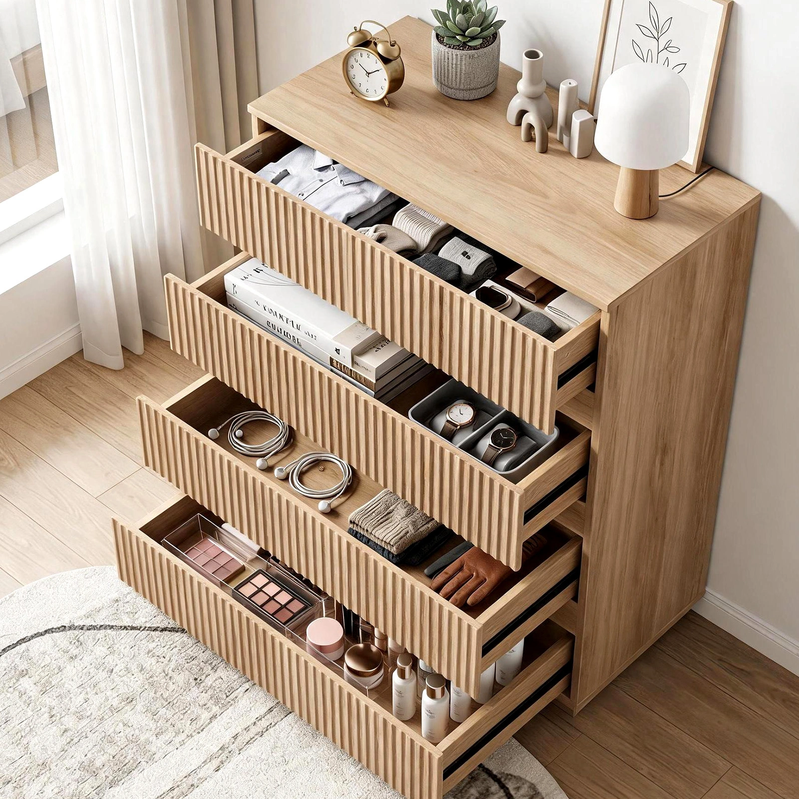 Handleless Grille-Finished 4-Drawer Bedside Table P2 Particleboard + MDF & Melamine Veneer + Thermoformed Drawer Dresser 23.62*14.96*30.71in Oak view 18
